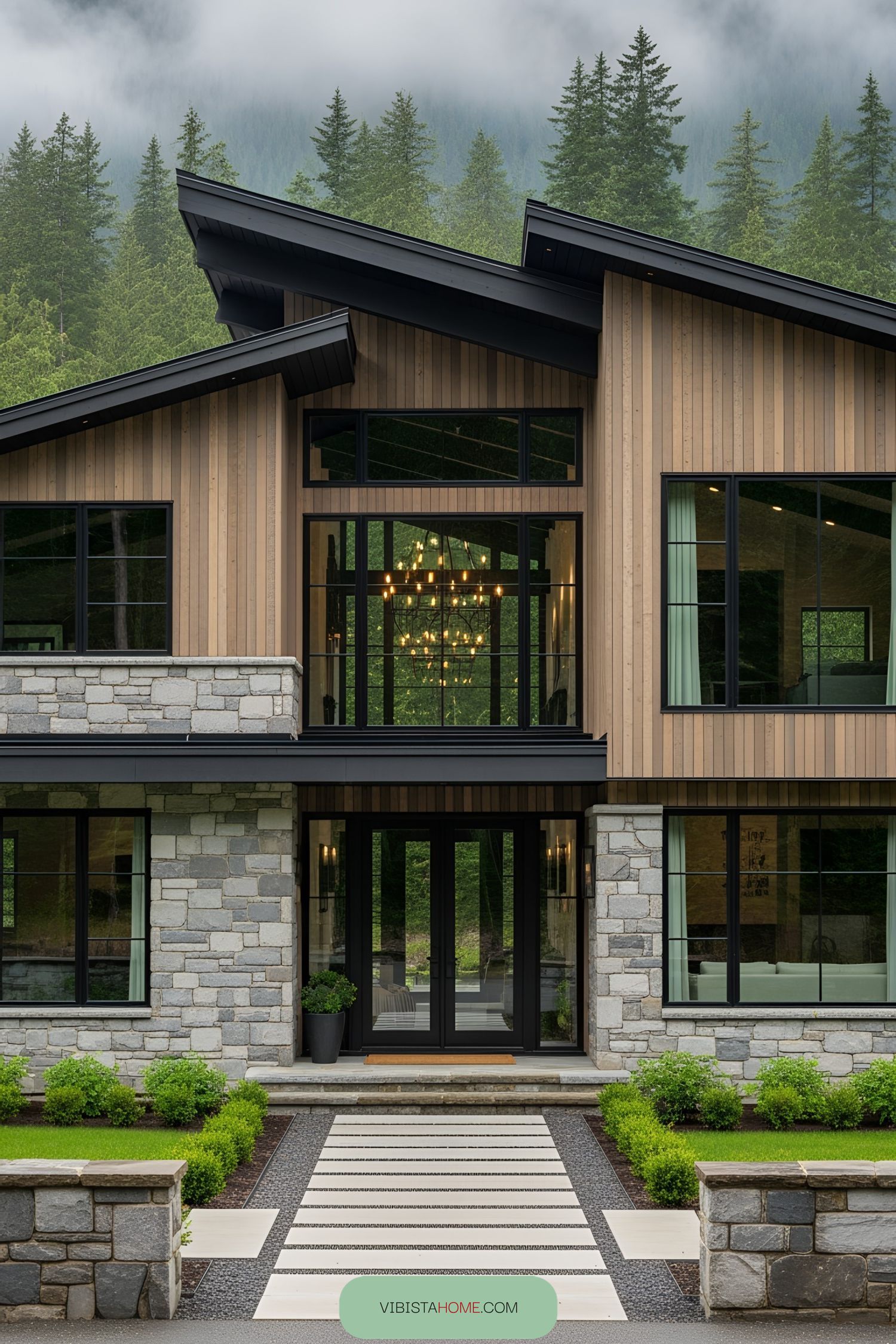 Modern wood and stone house with large windows