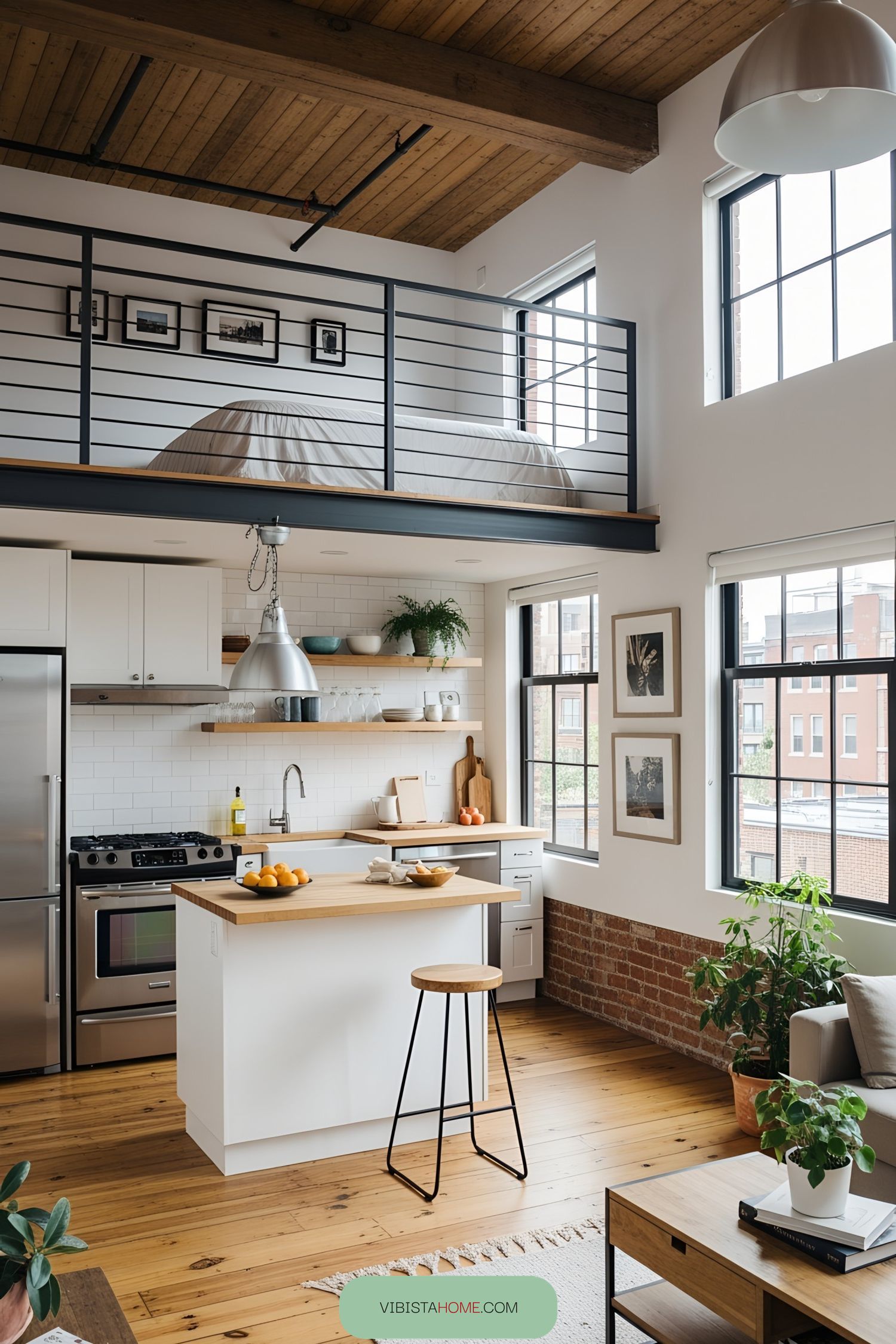 Lofted barn tiny house interior with wooden beams and modern touches