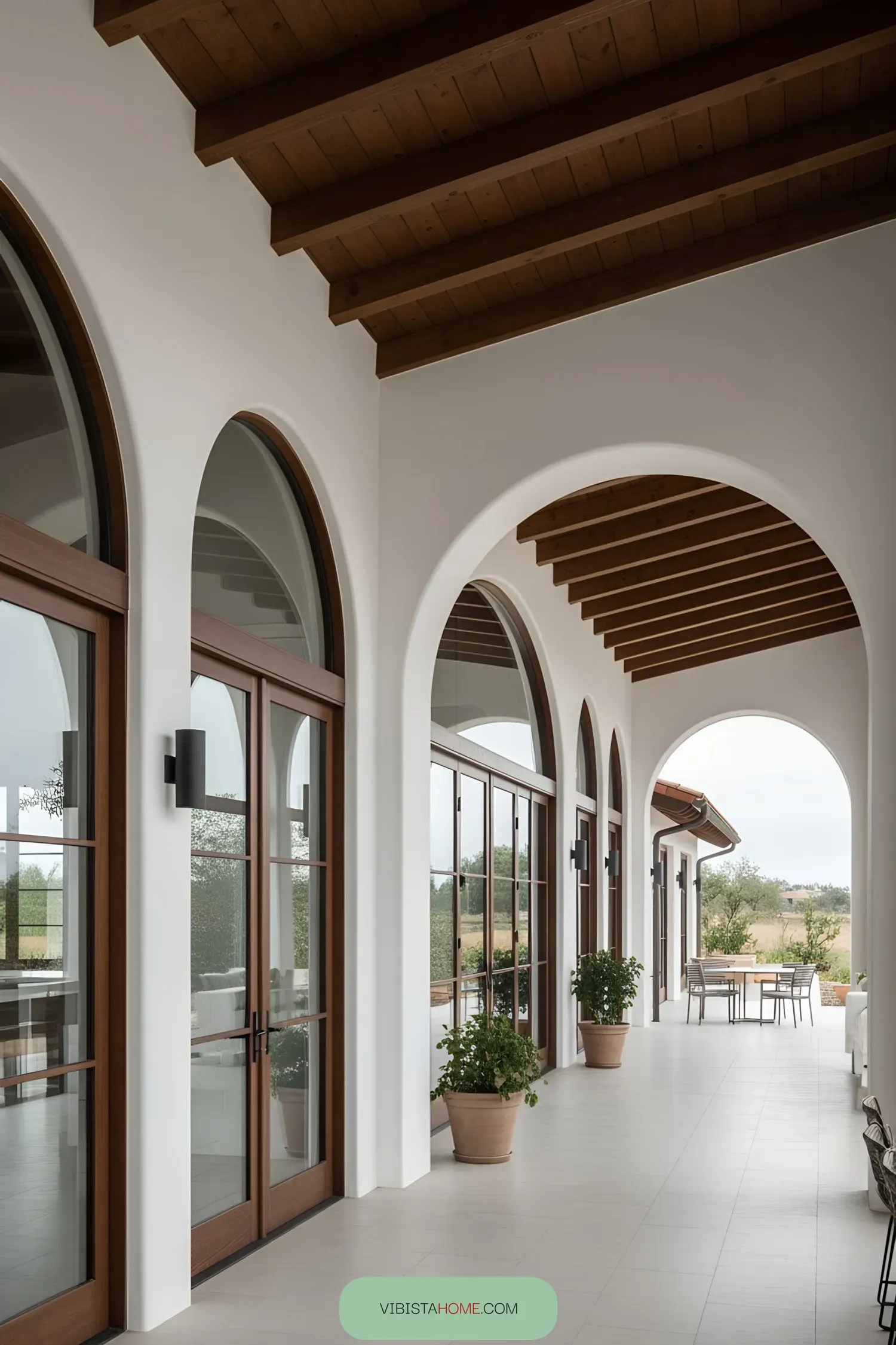Elegant arched porch of a modern Spanish farmhouse