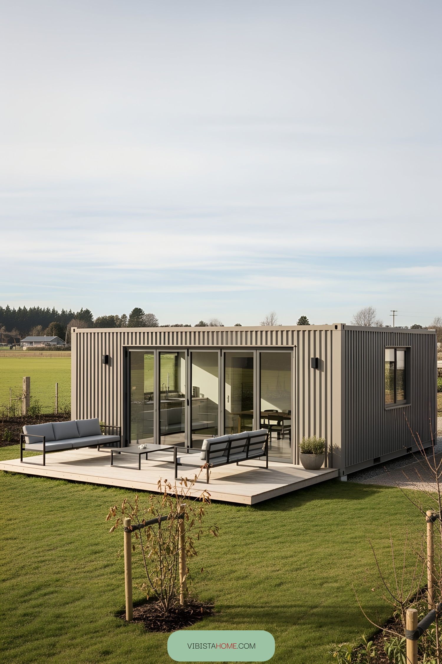 Modern container office with a patio in a green setting