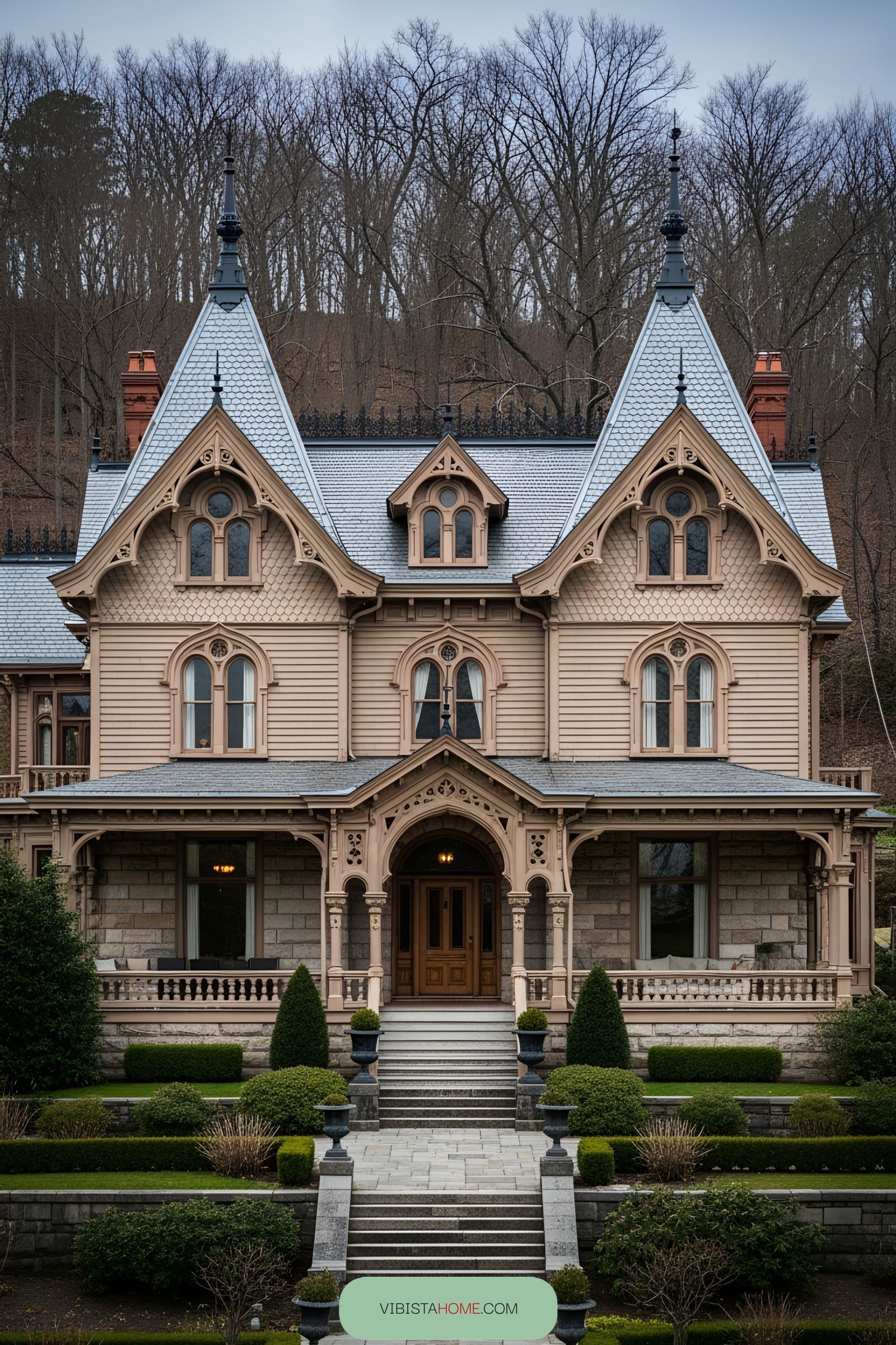 Gothic Victorian house with tall spires and intricate details