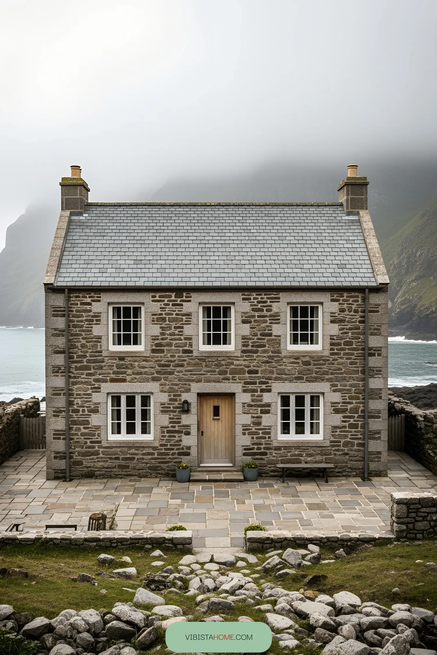 Stone house with slate roof near ocean