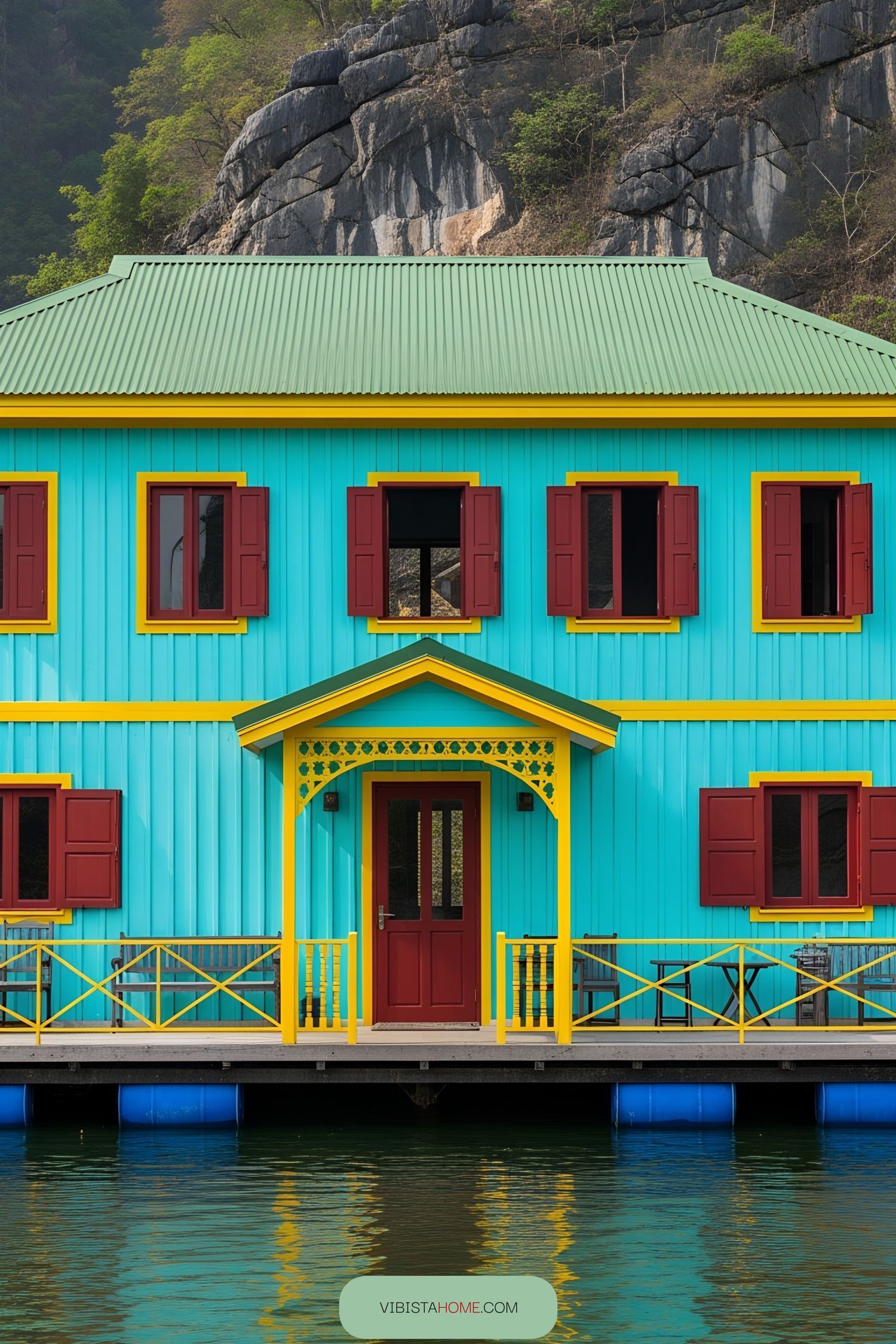 Colorful floating cottage with bold accents