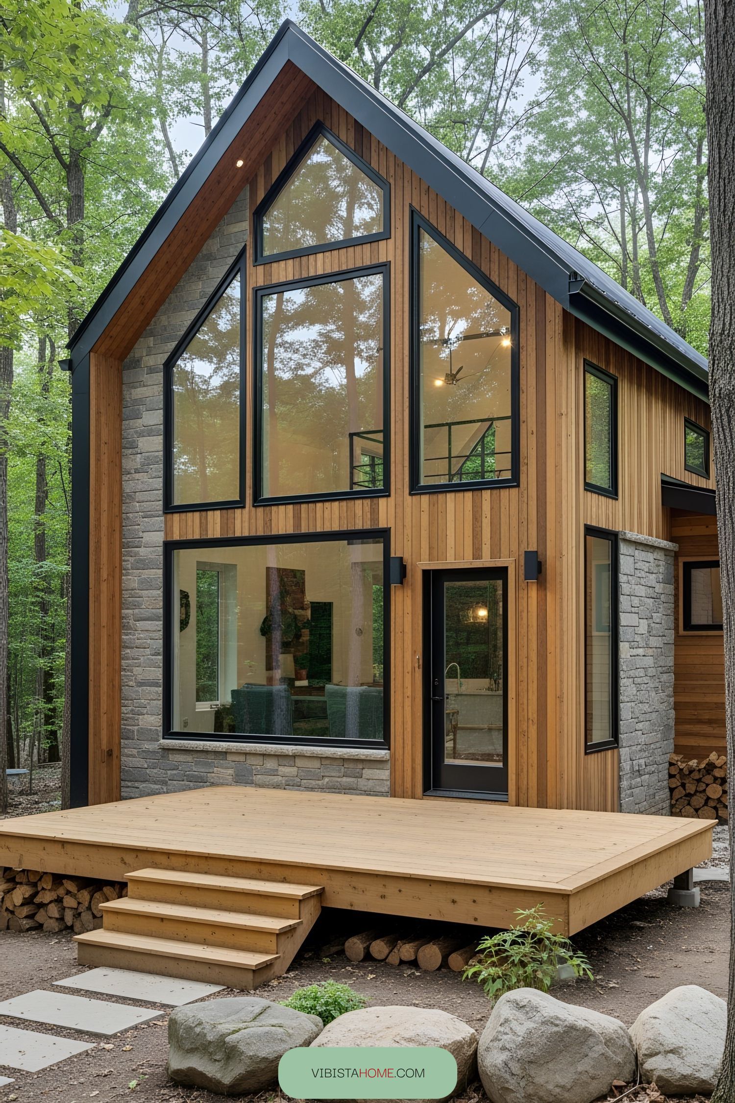 Modern rustic house with large windows and a wooden deck