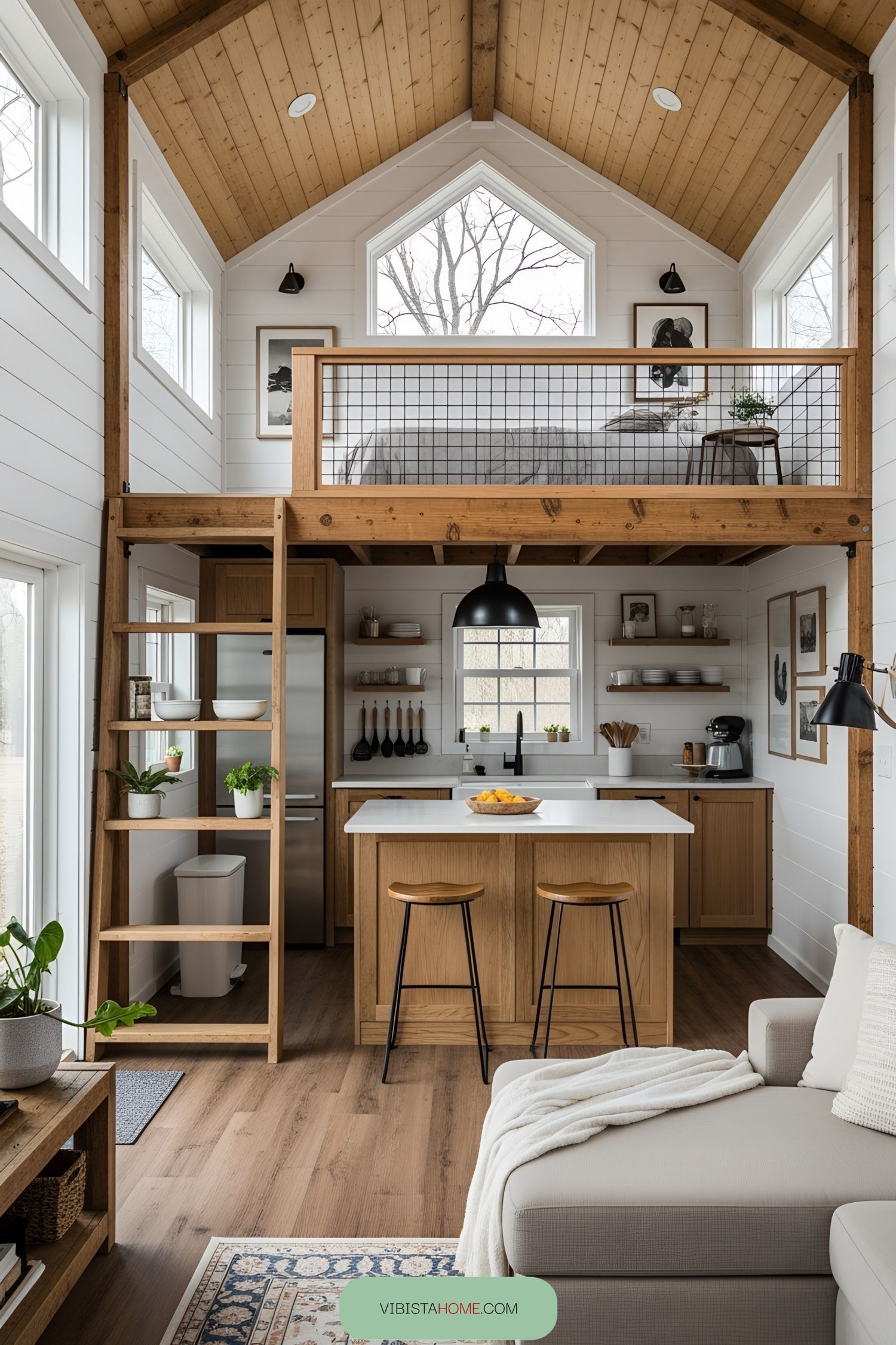 Modern tiny house interior with lofted bed