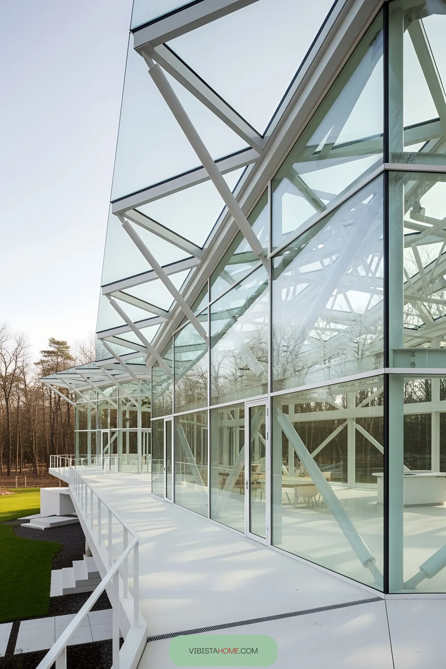 Modern glass pavilion with surrounding nature