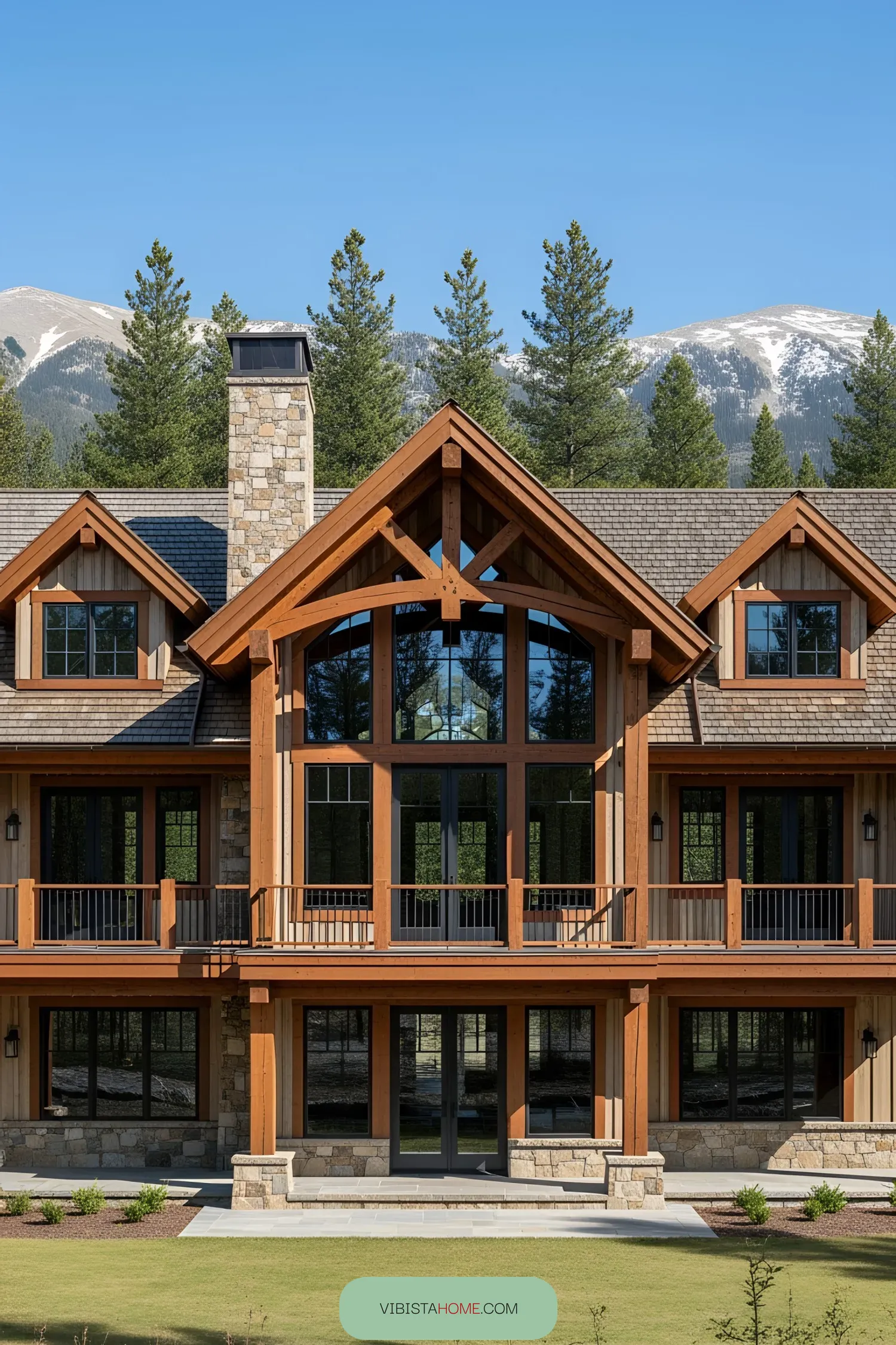 Elegant lodge boasting a grand stone façade with a timber finish