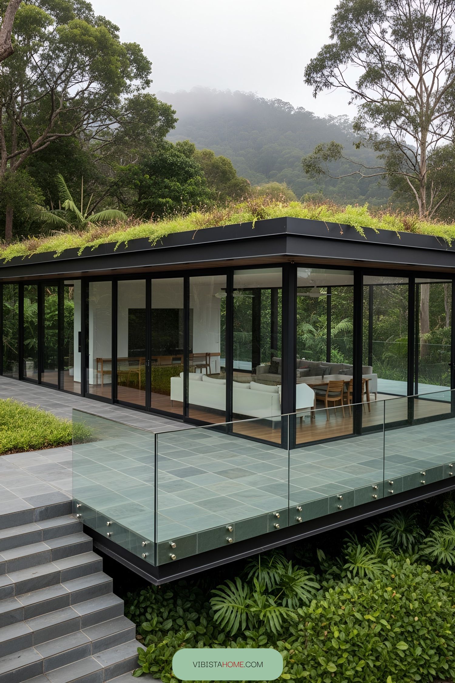 Modern glass terrace with greenery on the roof