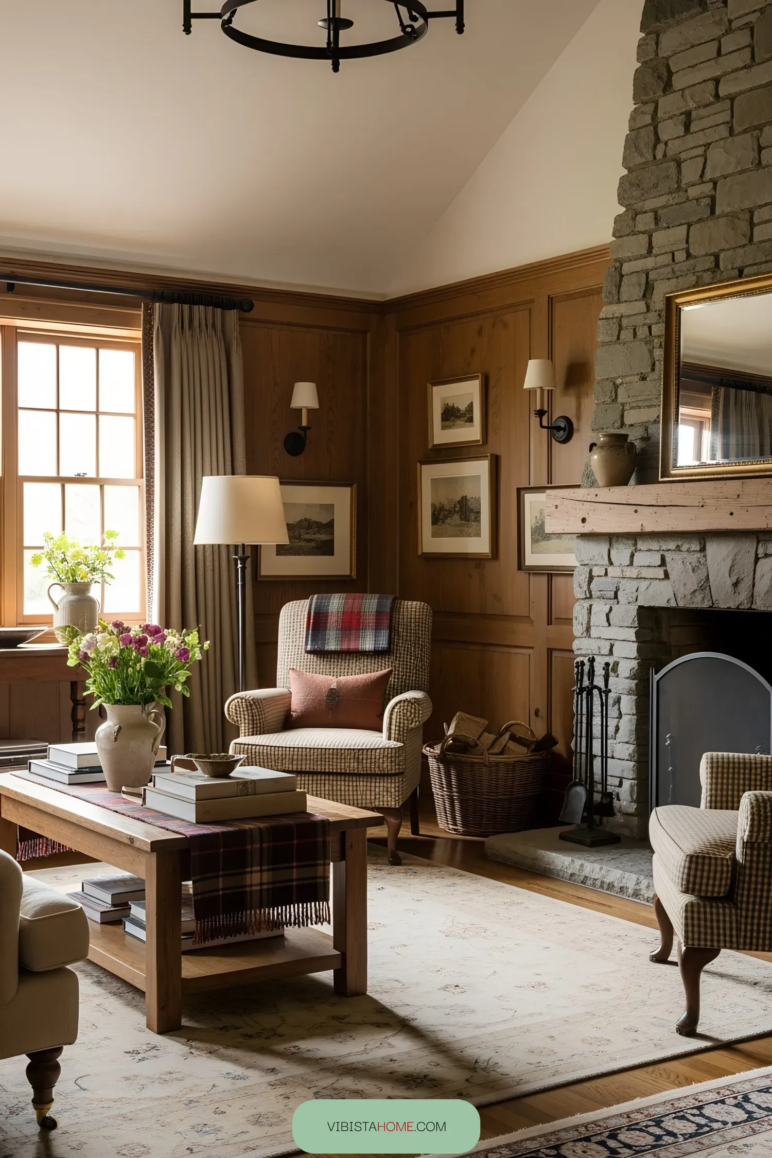 Warm Scottish cottage interior with stone fireplace and wooden accents