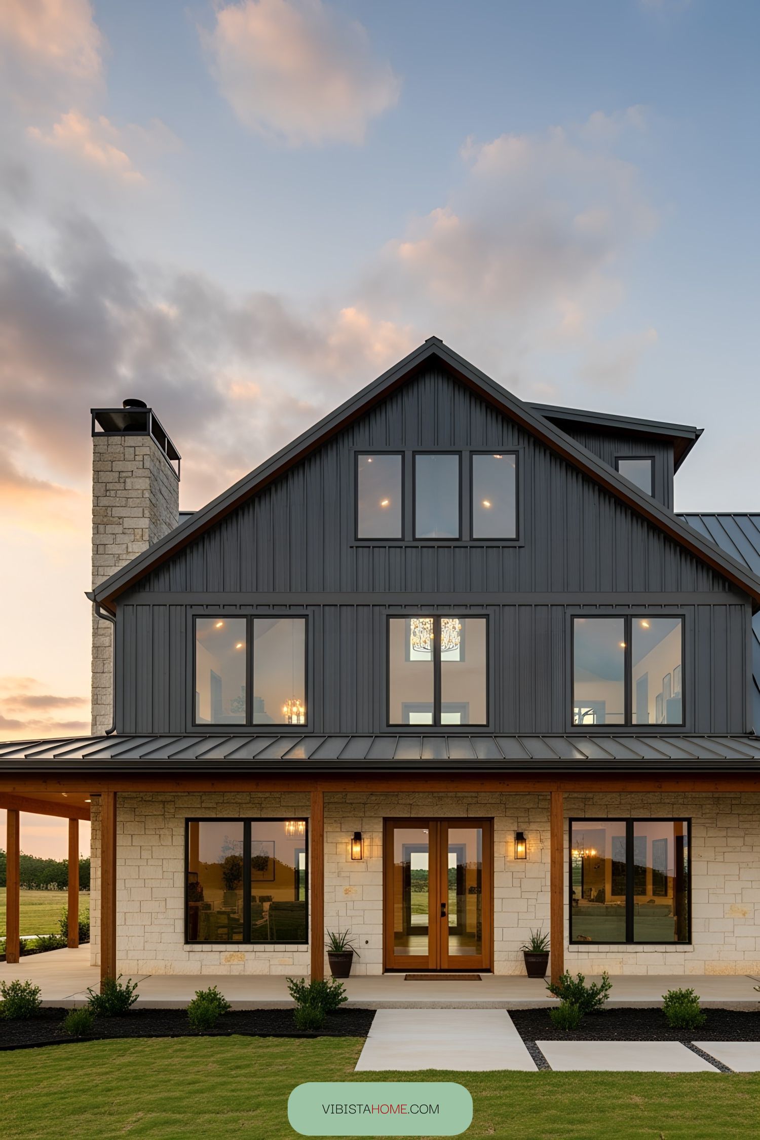 Spacious barnhouse with wraparound porch at sunset