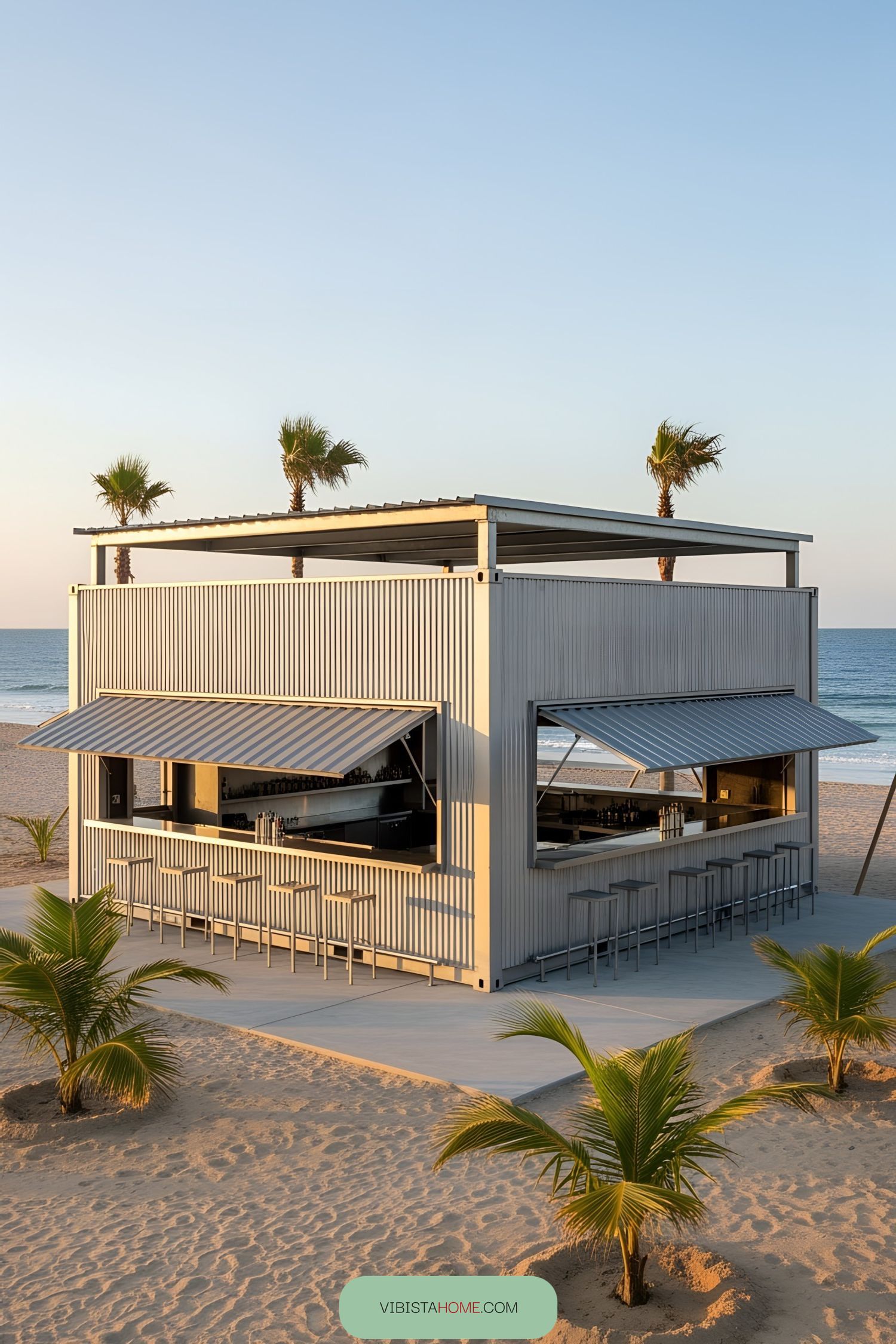 Container bar on a sandy beach with palm trees