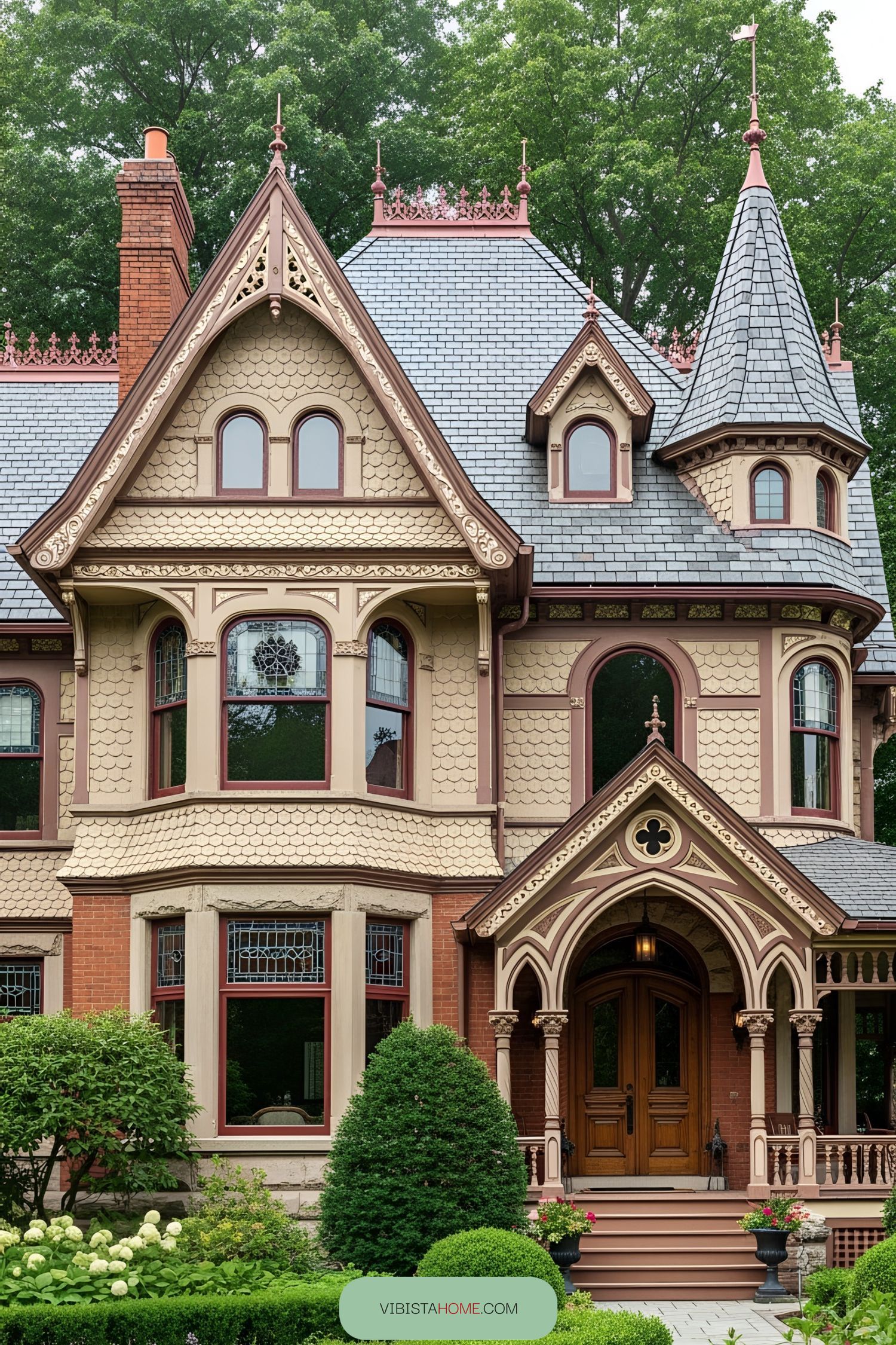 Gothic Victorian house with ornate features and lush garden