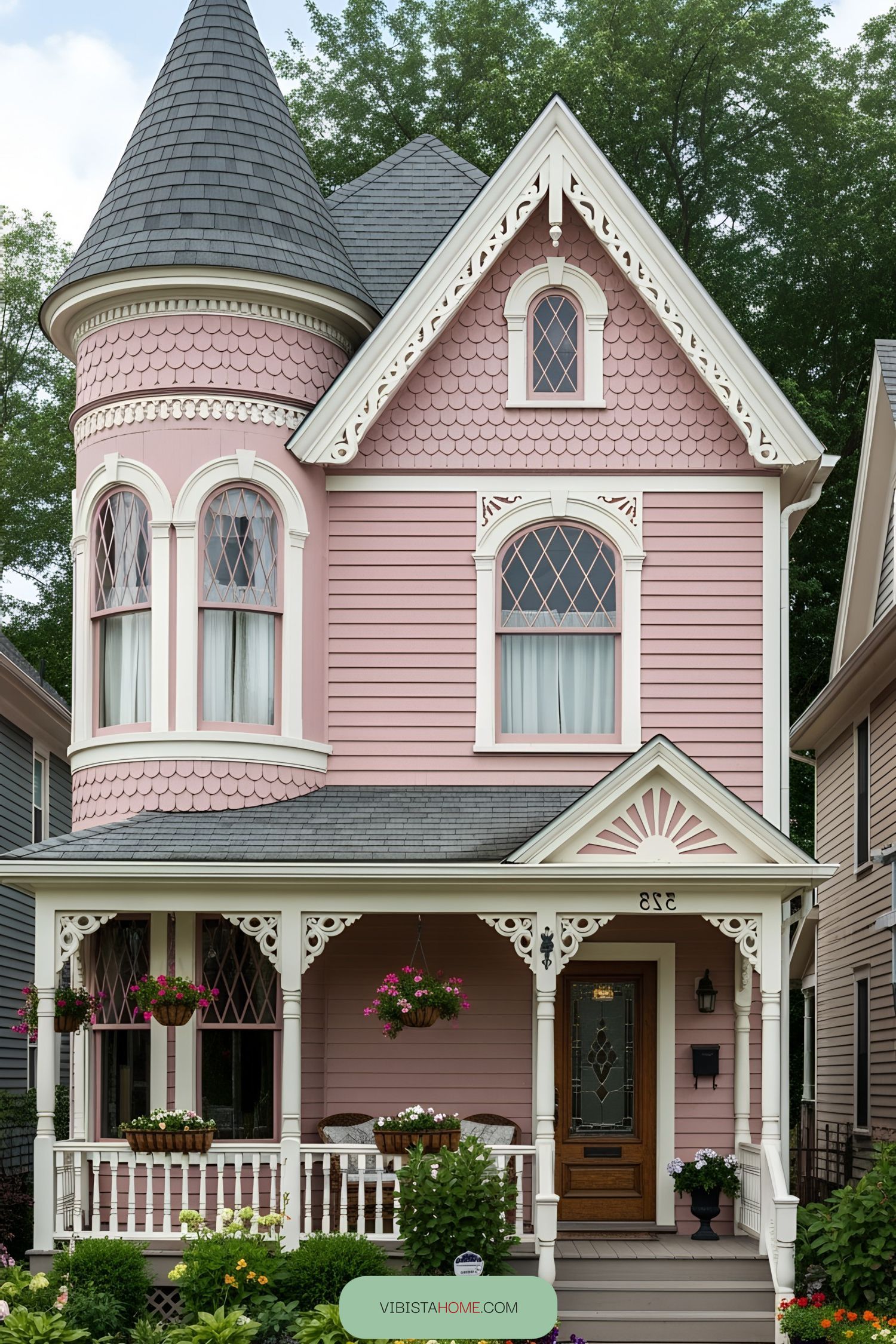 Pink Victorian cottage with a turret and intricate woodwork