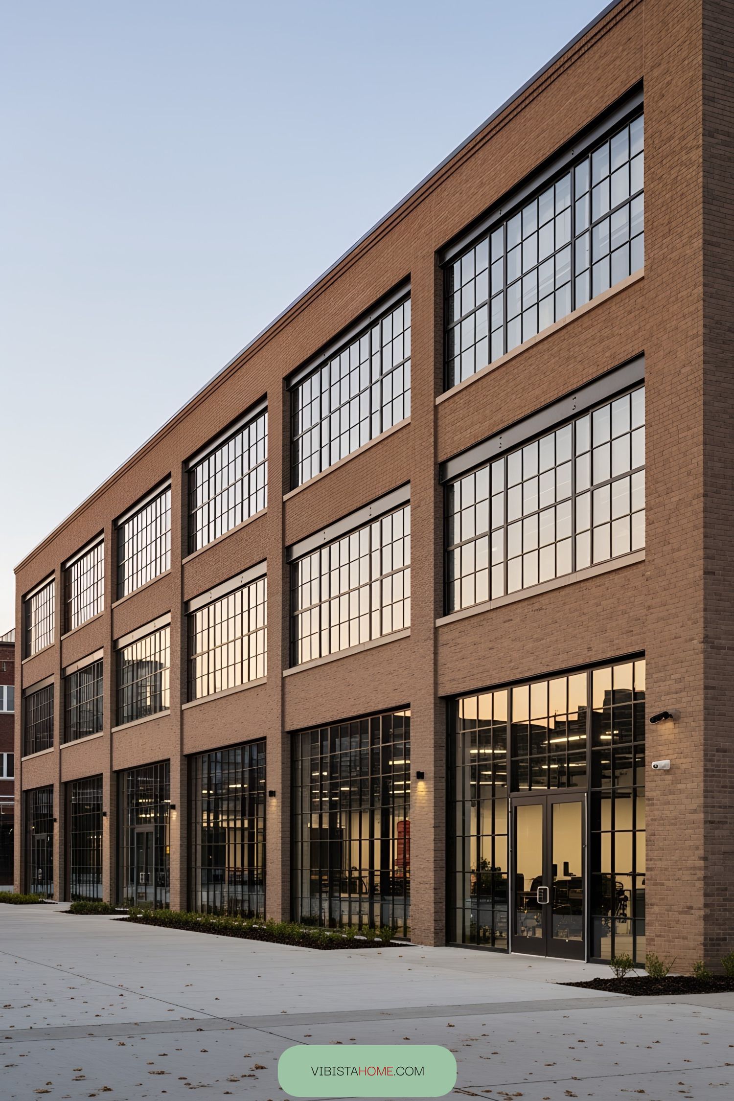 Large brick building with grid windows and modern facade