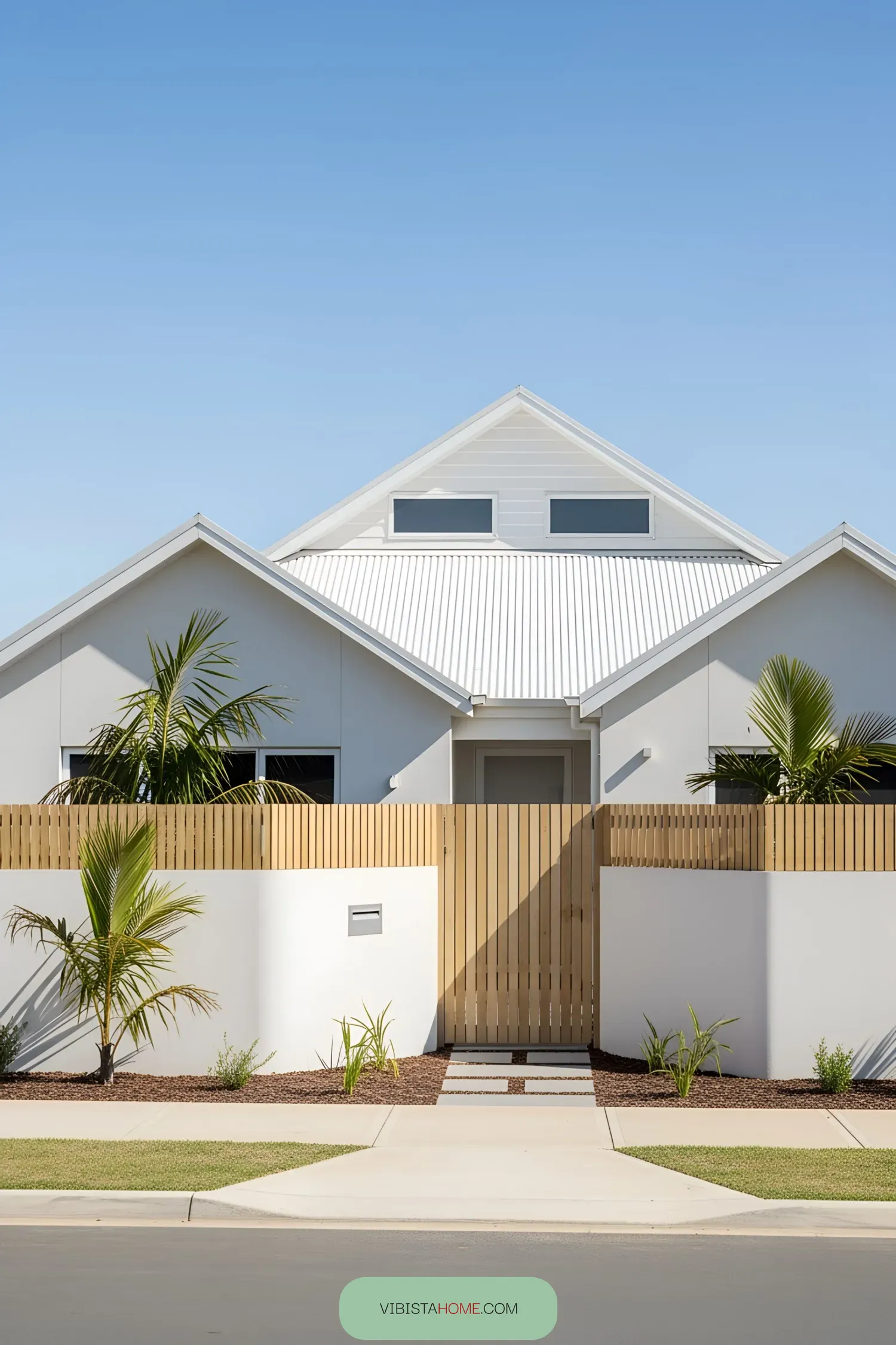 Modern coastal house with wooden fence and palm trees