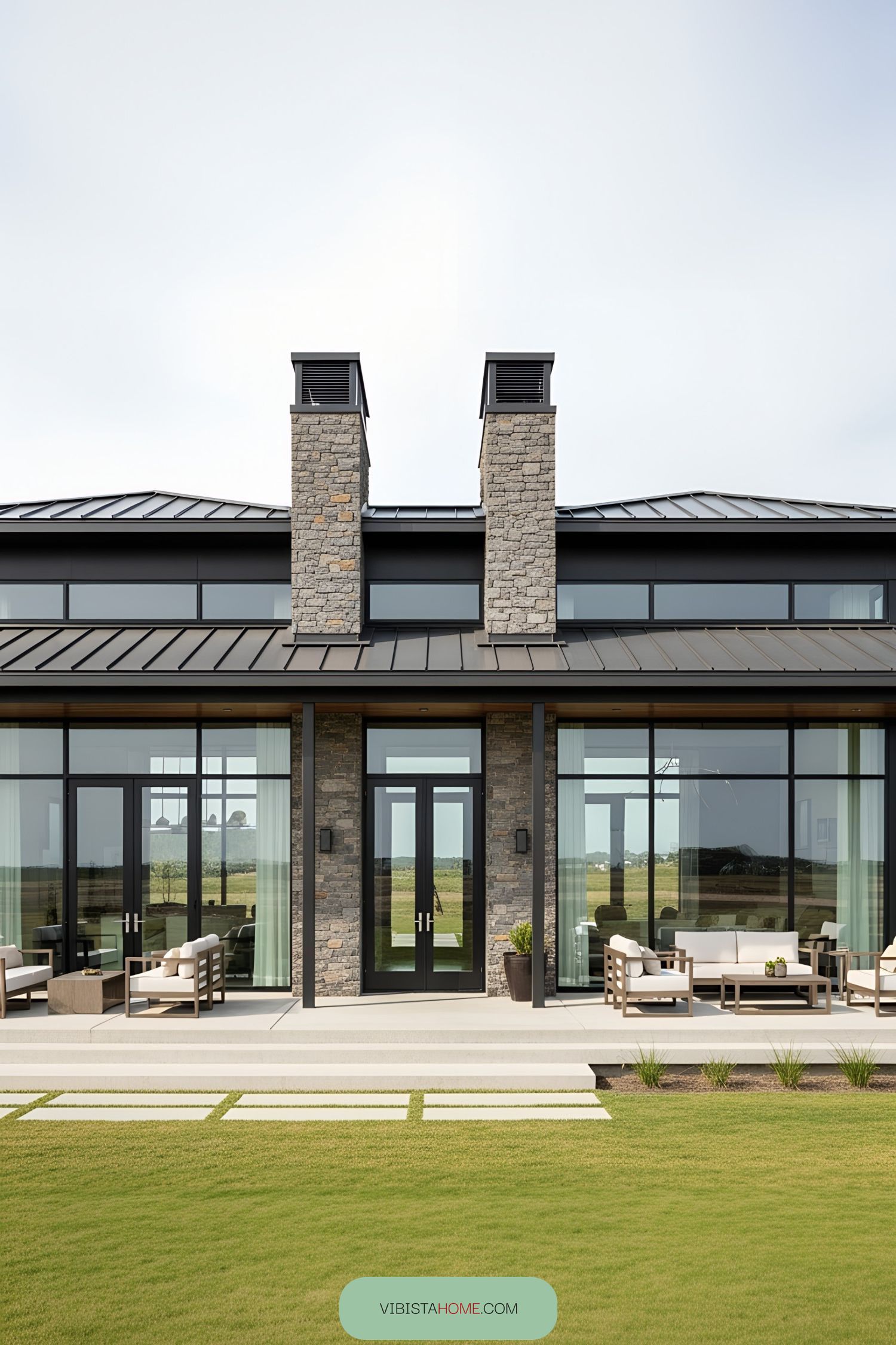 Modern home exterior with large glass windows and stone chimneys