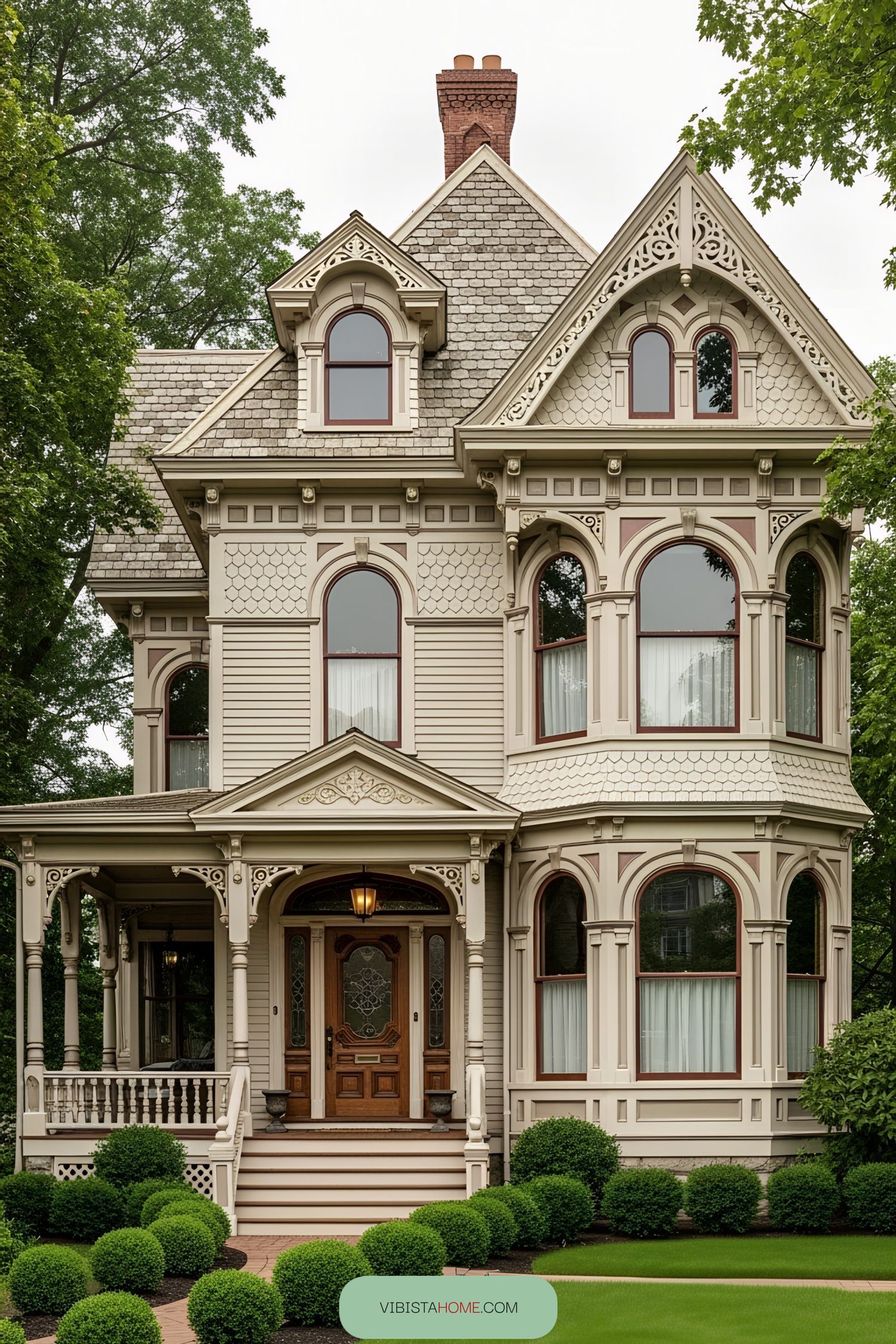 Victorian house with ornate detailing, large windows, and lush green surroundings