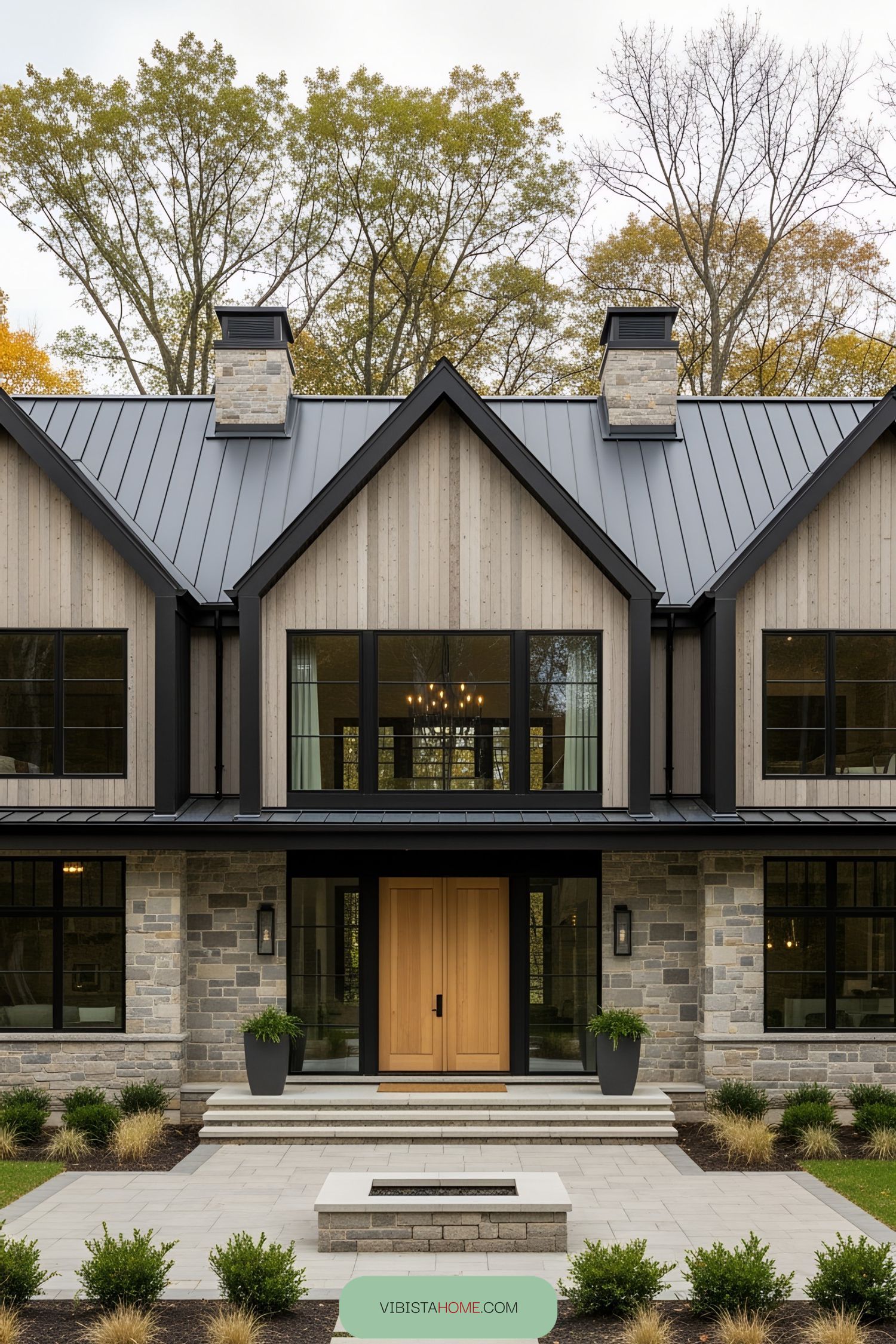Rustic house with modern design and tall trees in the background