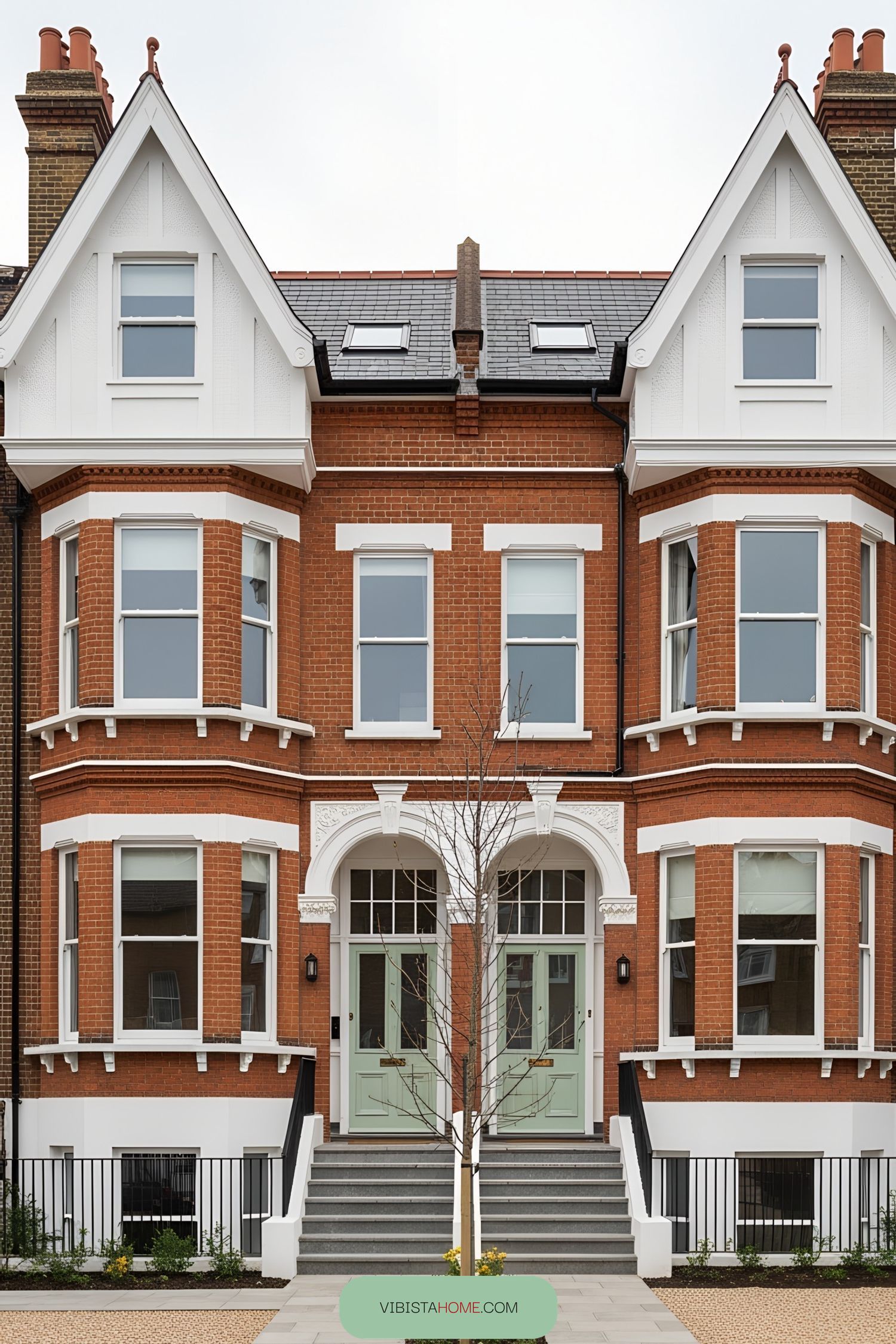 Red brick terrace house with bay windows and green doors