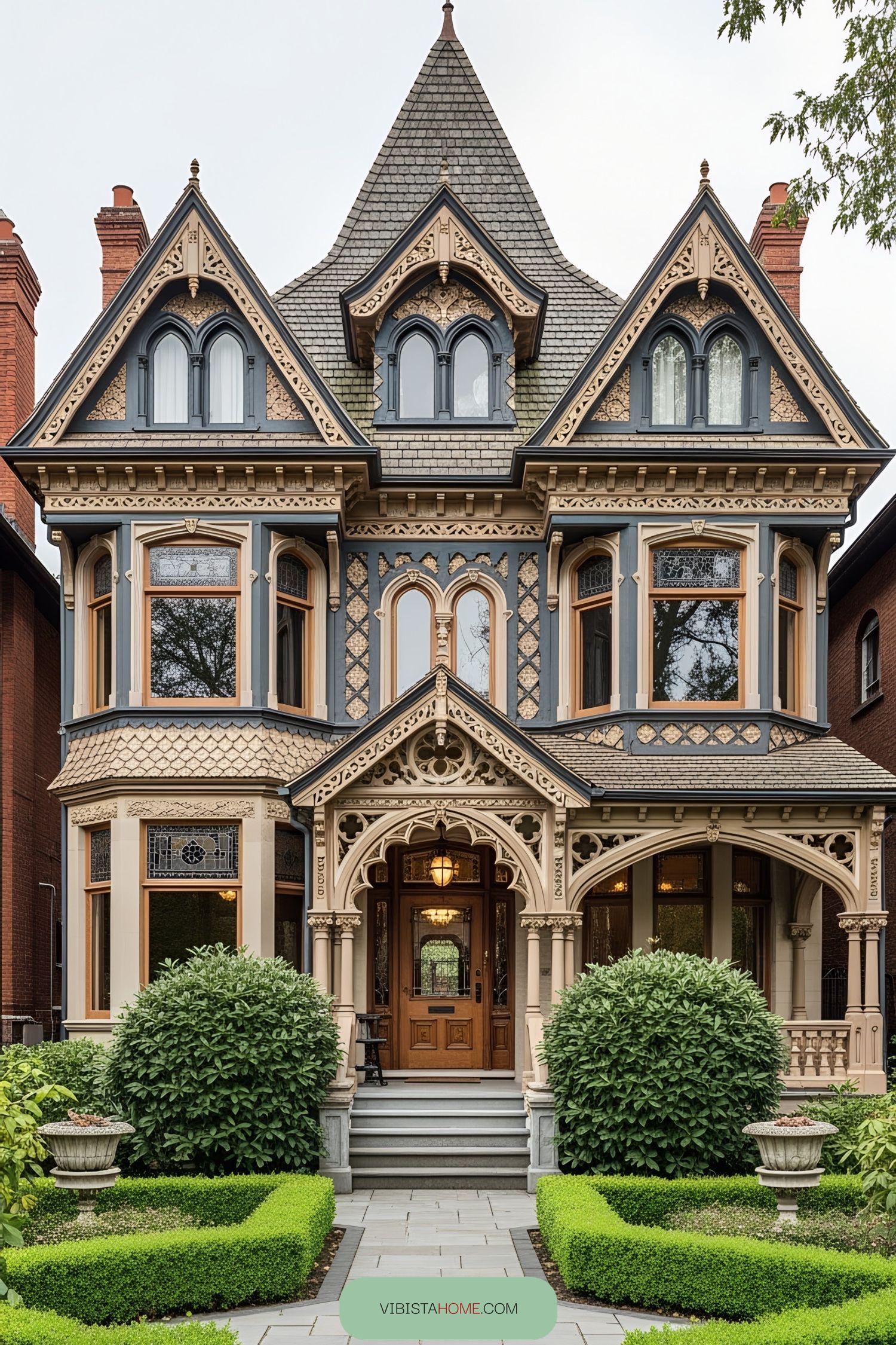 Stately Victorian house with ornate details and lush bushes