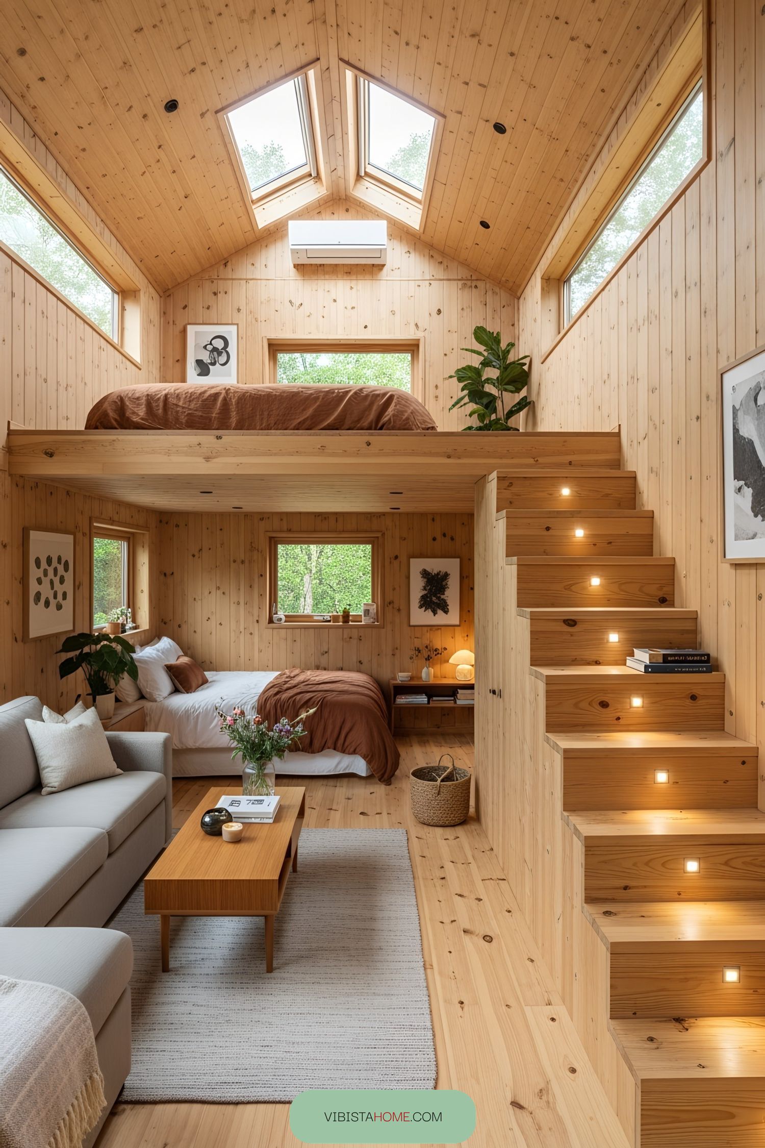 Cozy lofted tiny house with natural wood interior