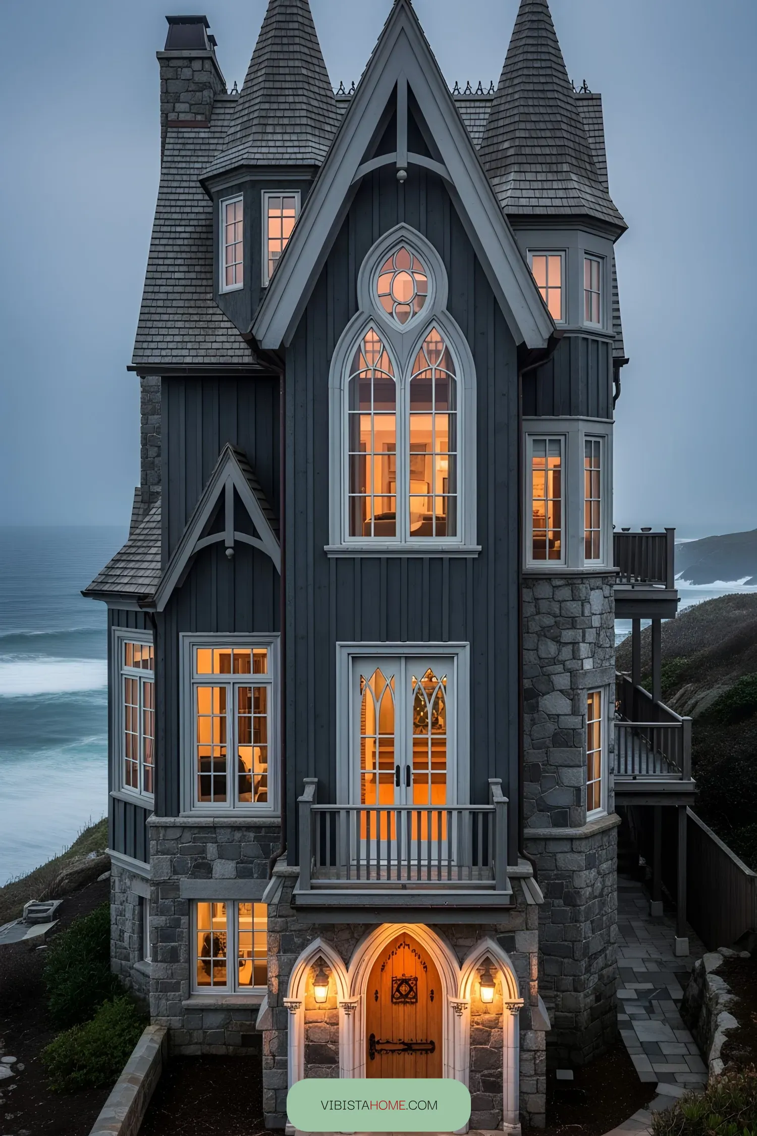 Gothic-style coastal house with pointed arches and turrets