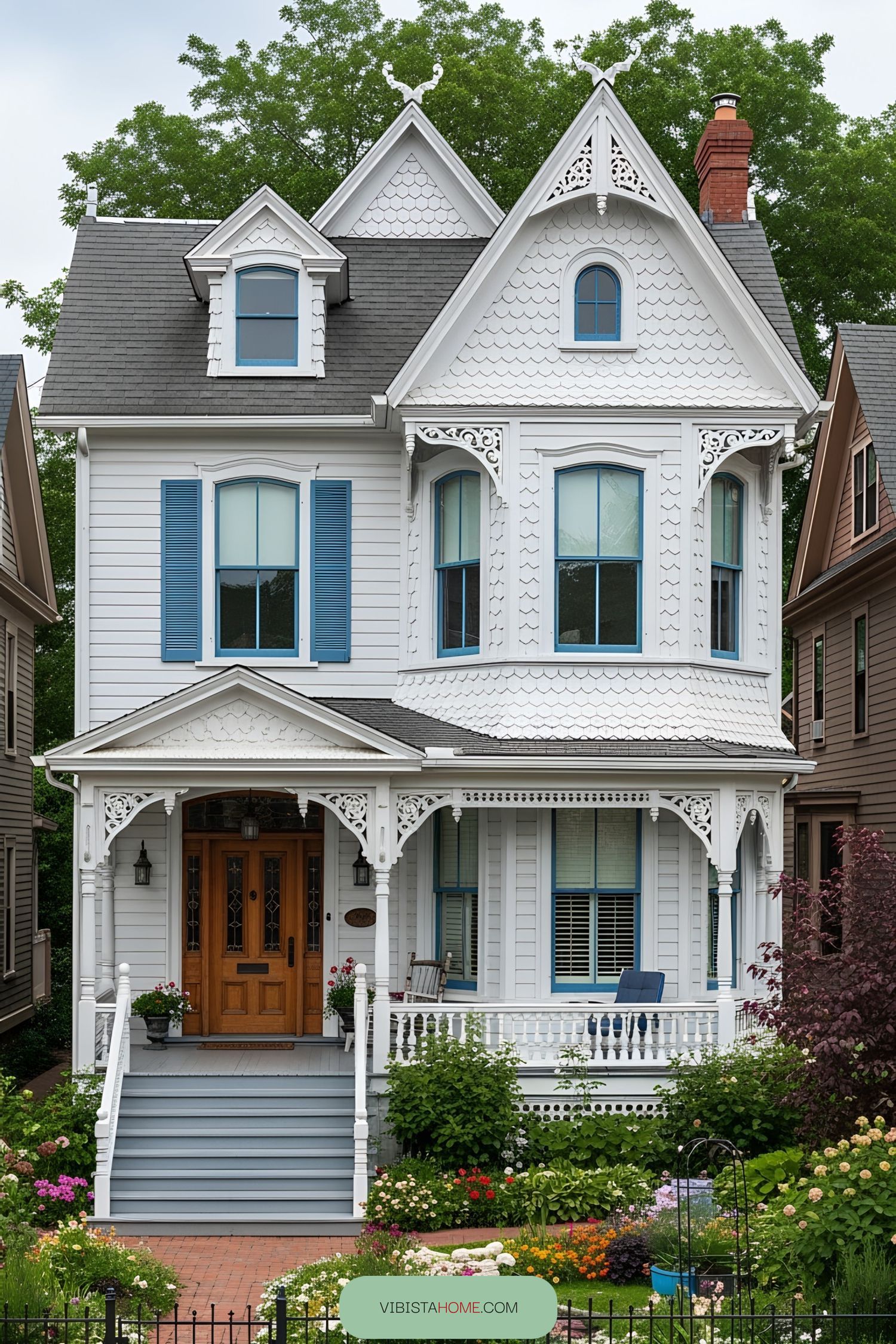 Victorian cottage with ornate details, blue accents, and a flourishing garden