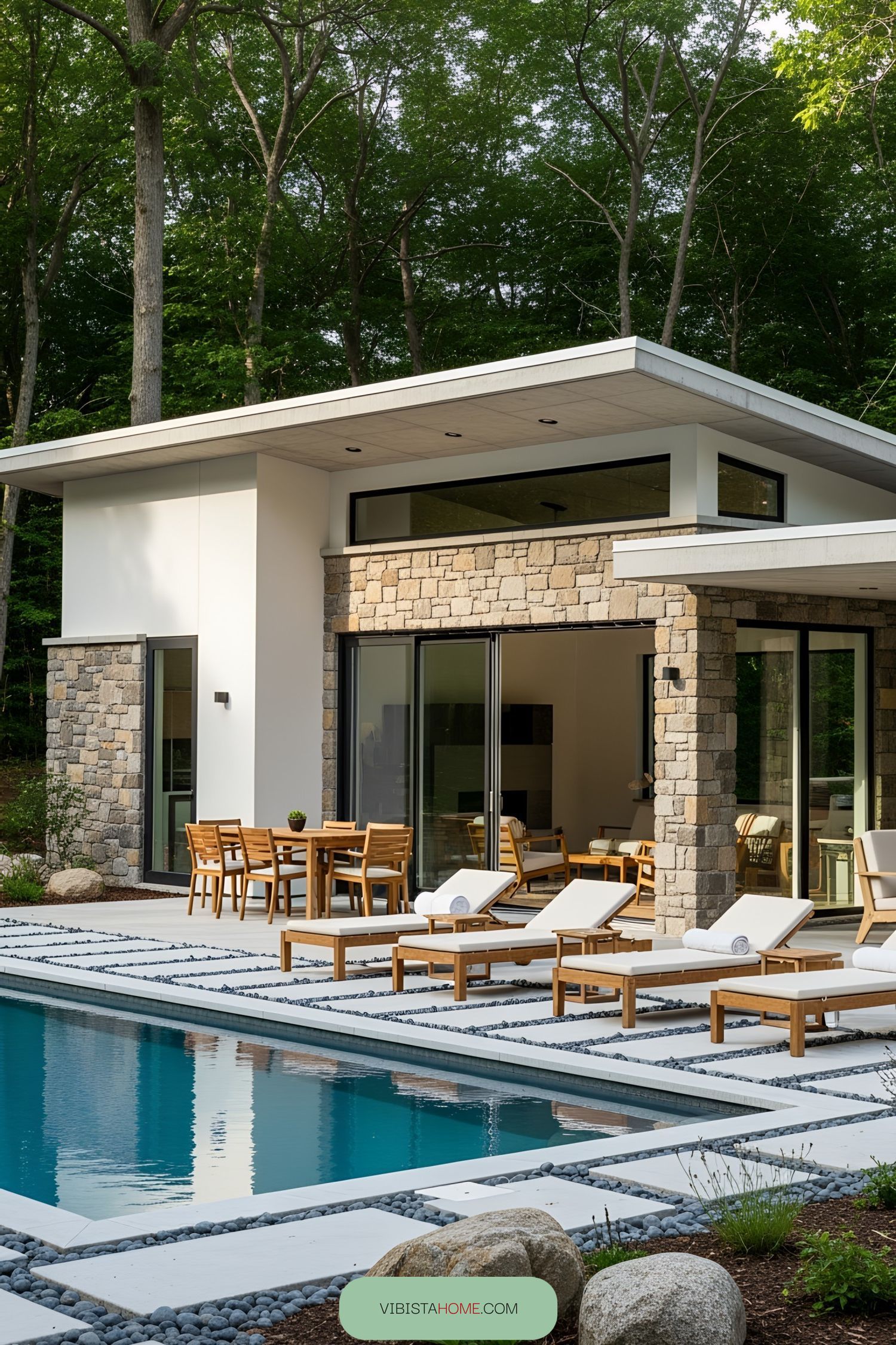 Modern pool house with sleek design and natural surroundings