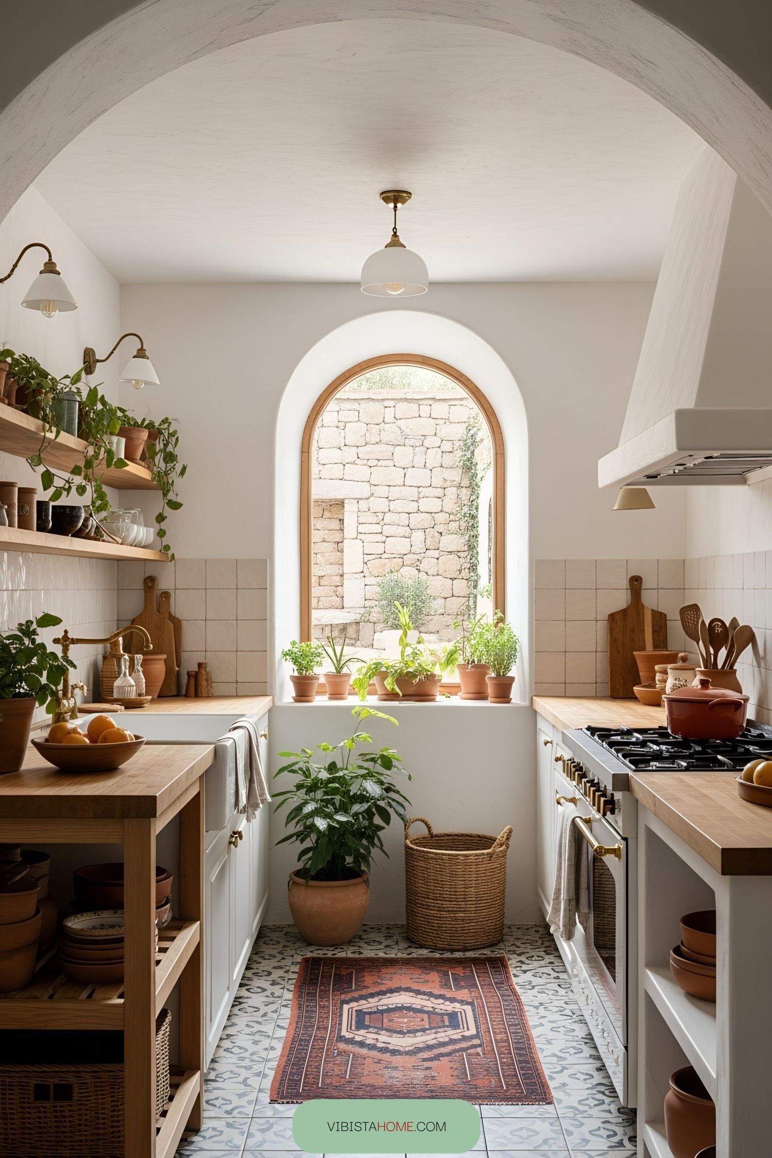 Spanish-style kitchen with wooden shelves and potted plants