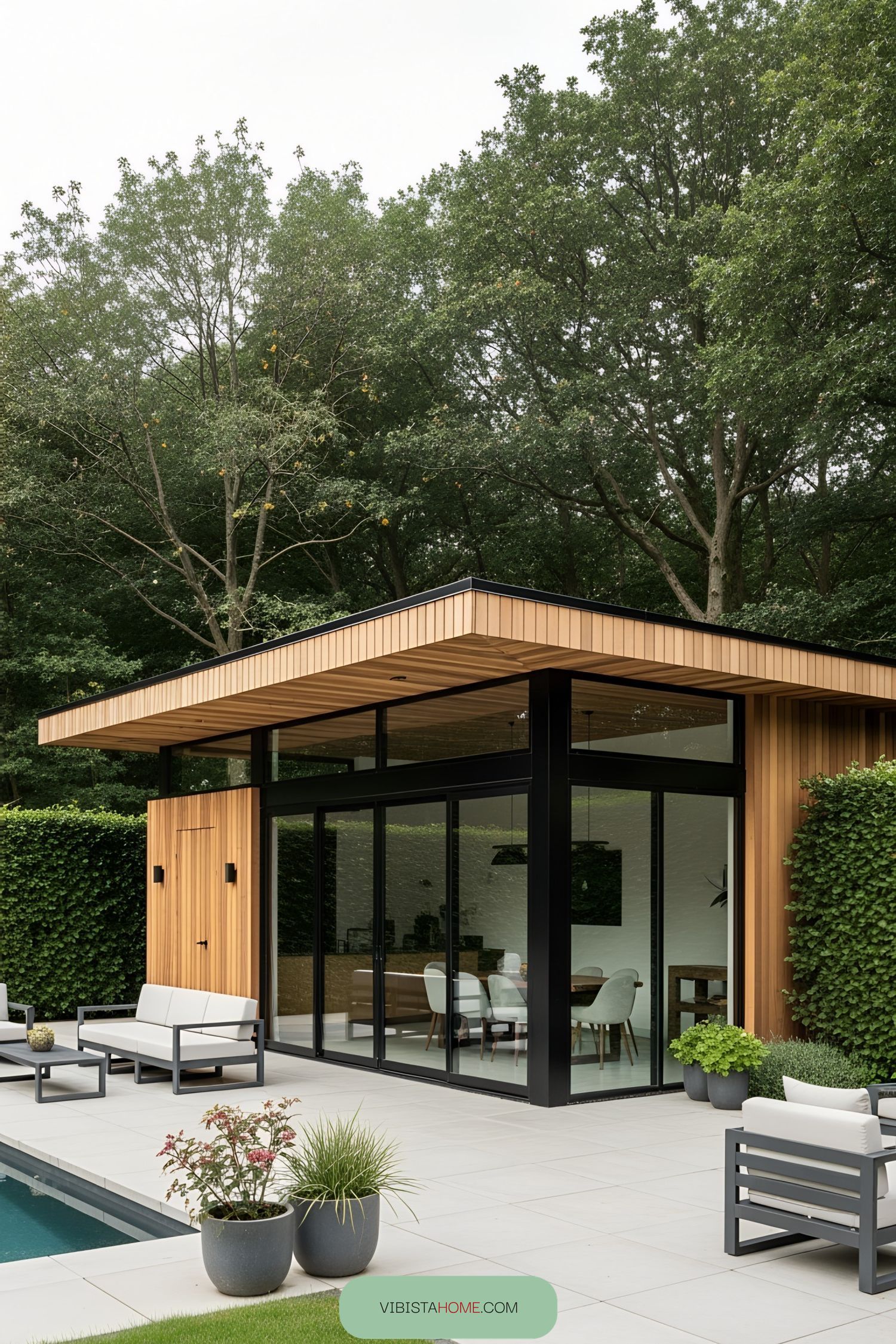 Modern pool house with glass walls and wooden accents