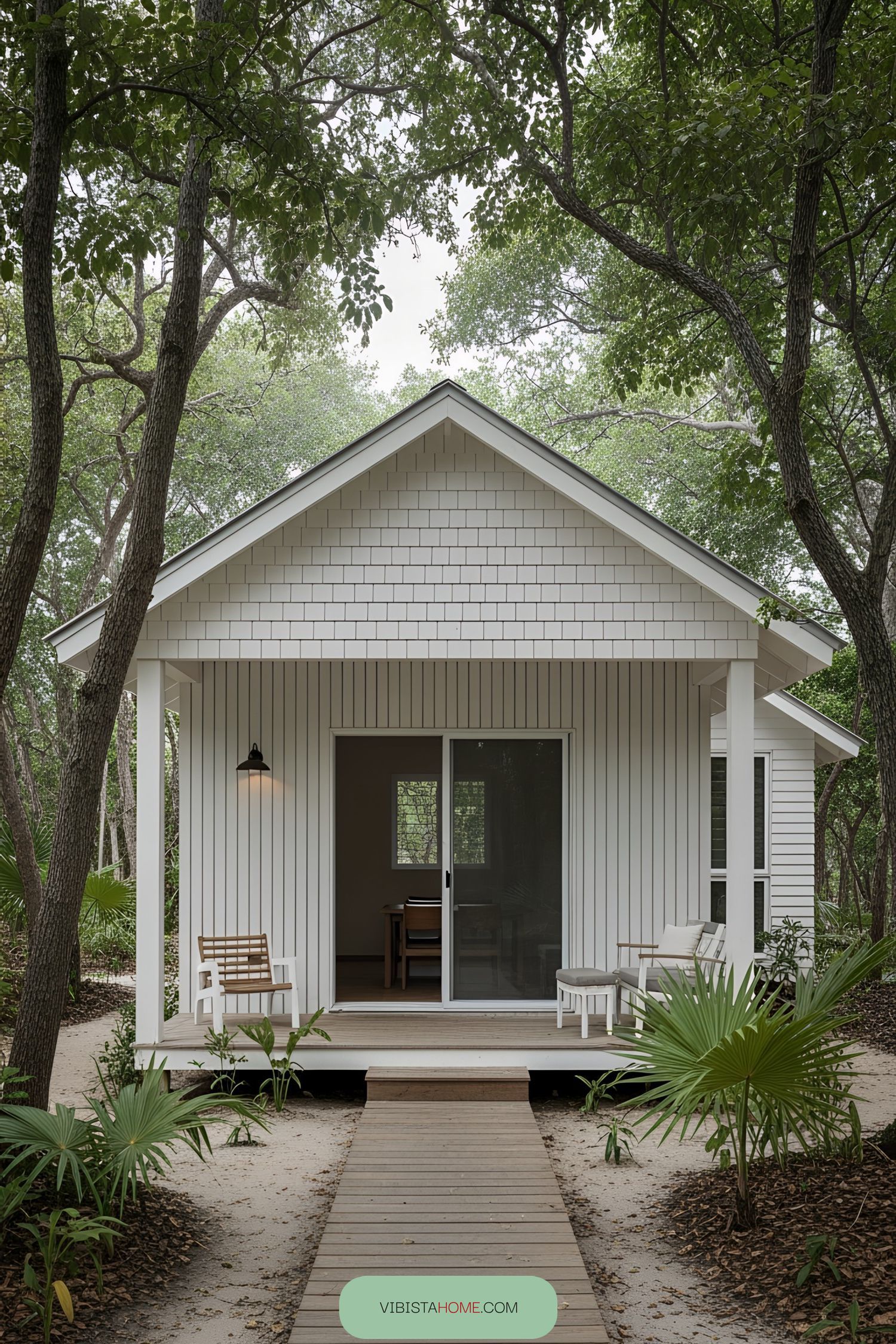 Small white beach house surrounded by trees