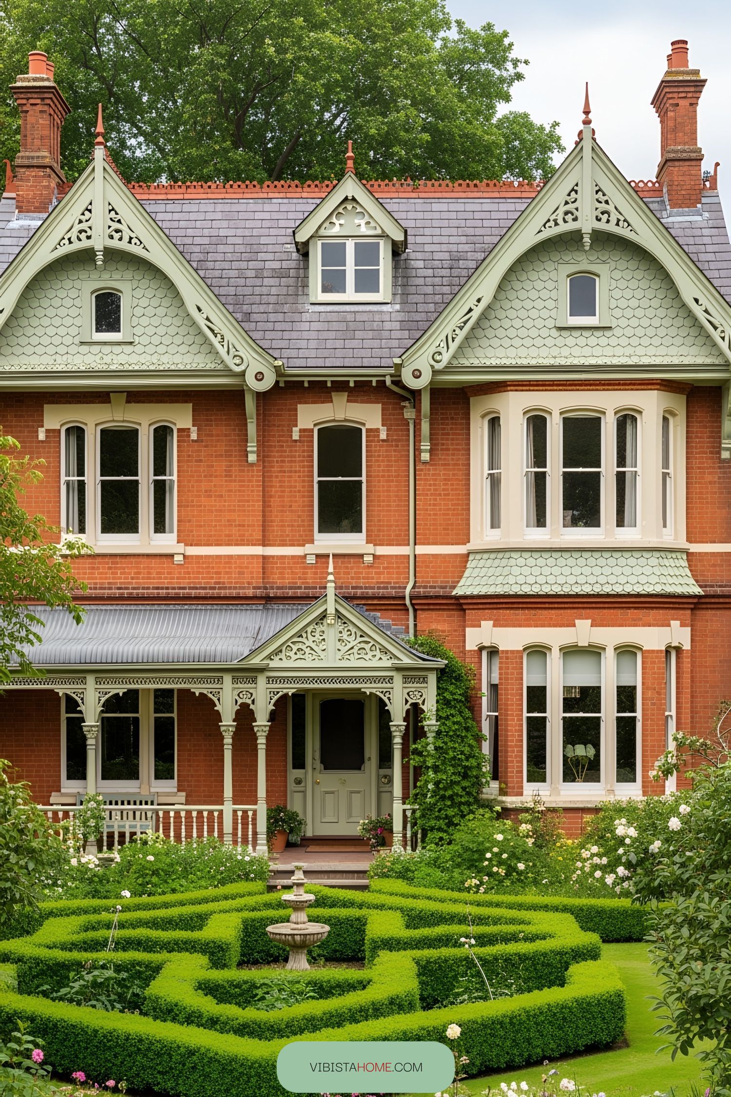 Victorian cottage with intricate trims and a manicured garden