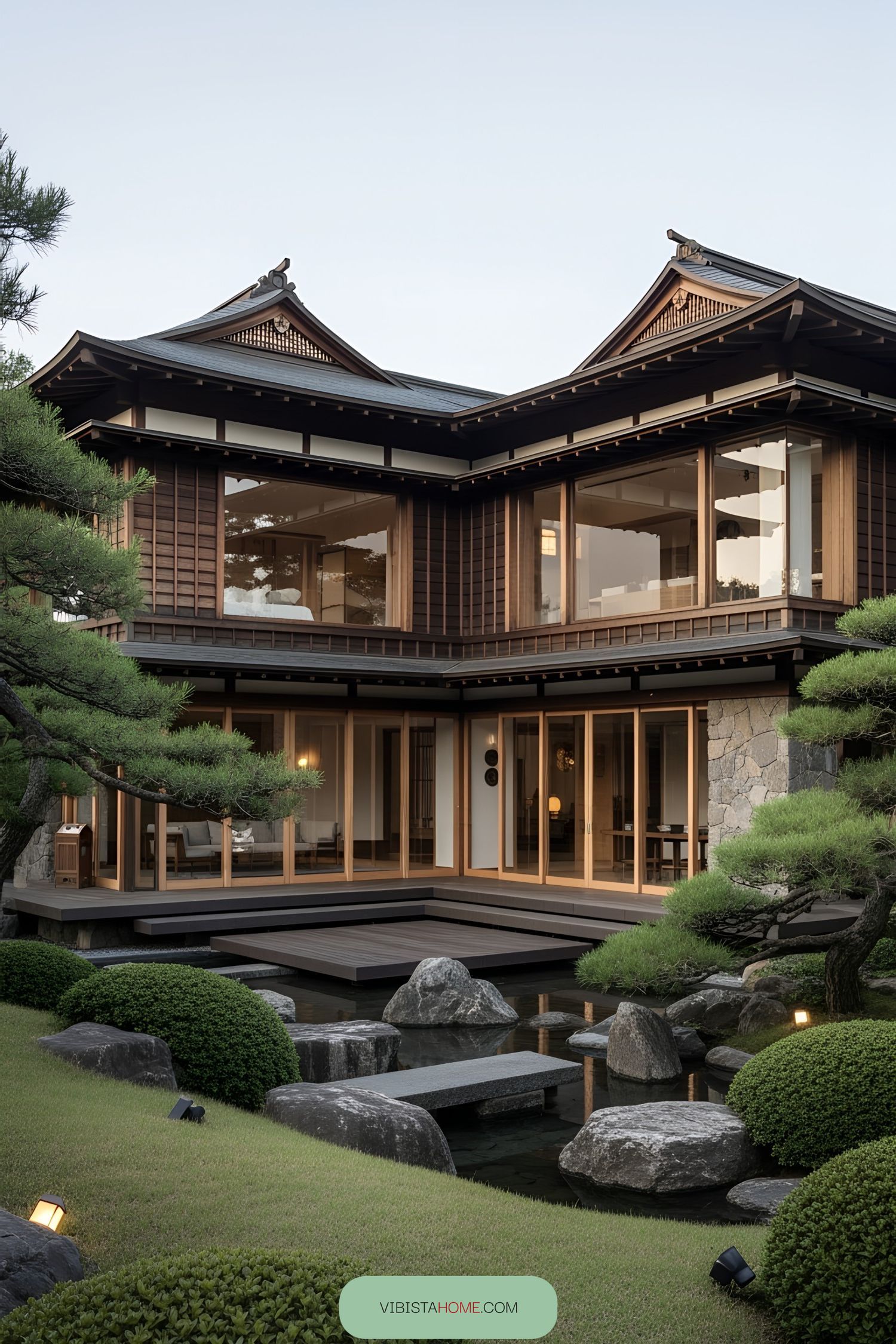 Japanese-style luxury house with wooden exterior and garden