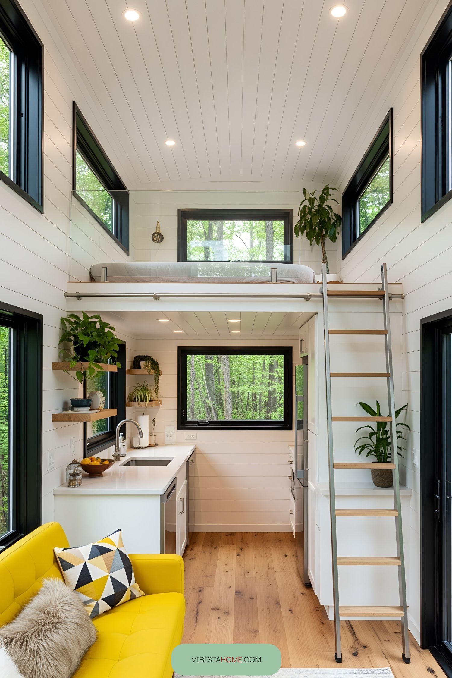 Lofted tiny house interior with modern design and yellow couch