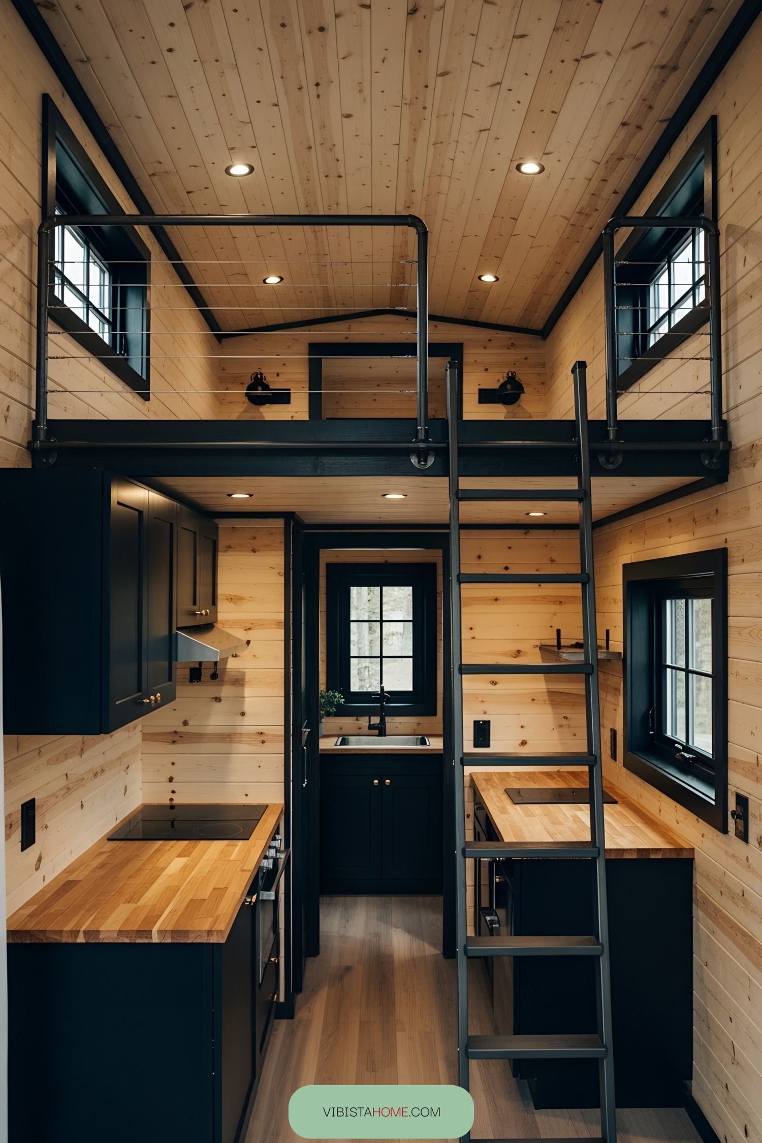 Lofted barn tiny house interior with wooden paneling and kitchen
