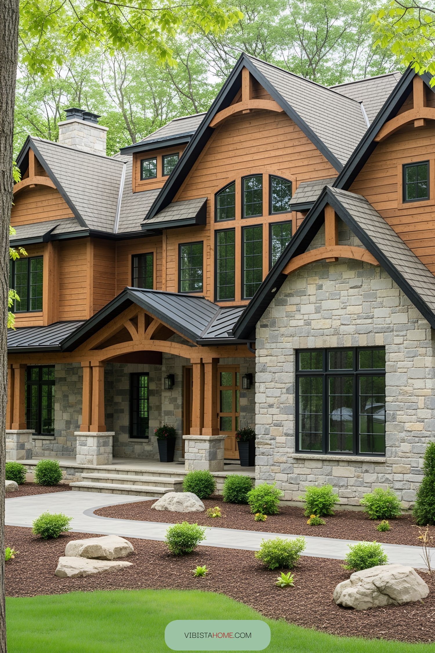 Modern rustic house with timber and stone elements surrounded by greenery