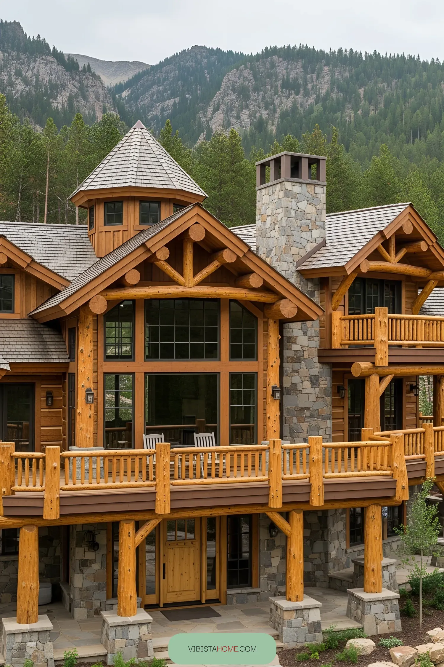 A cozy mountain lodge with timber and stone accents