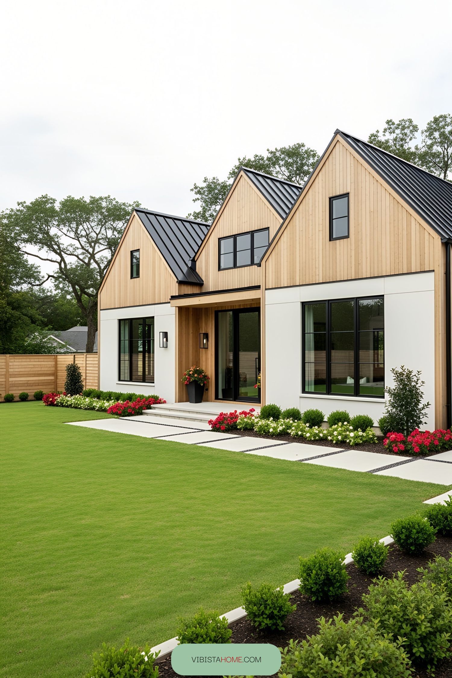 Scandinavian-style farmhouse with black roof and neat garden