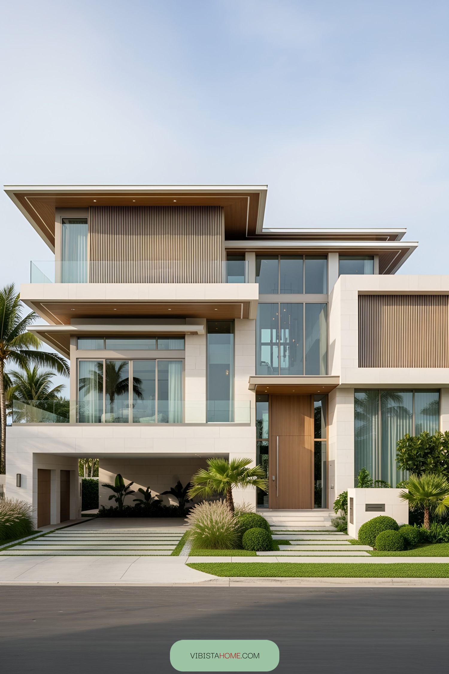 A stunning modern villa with grand glass windows and lush greenery in front