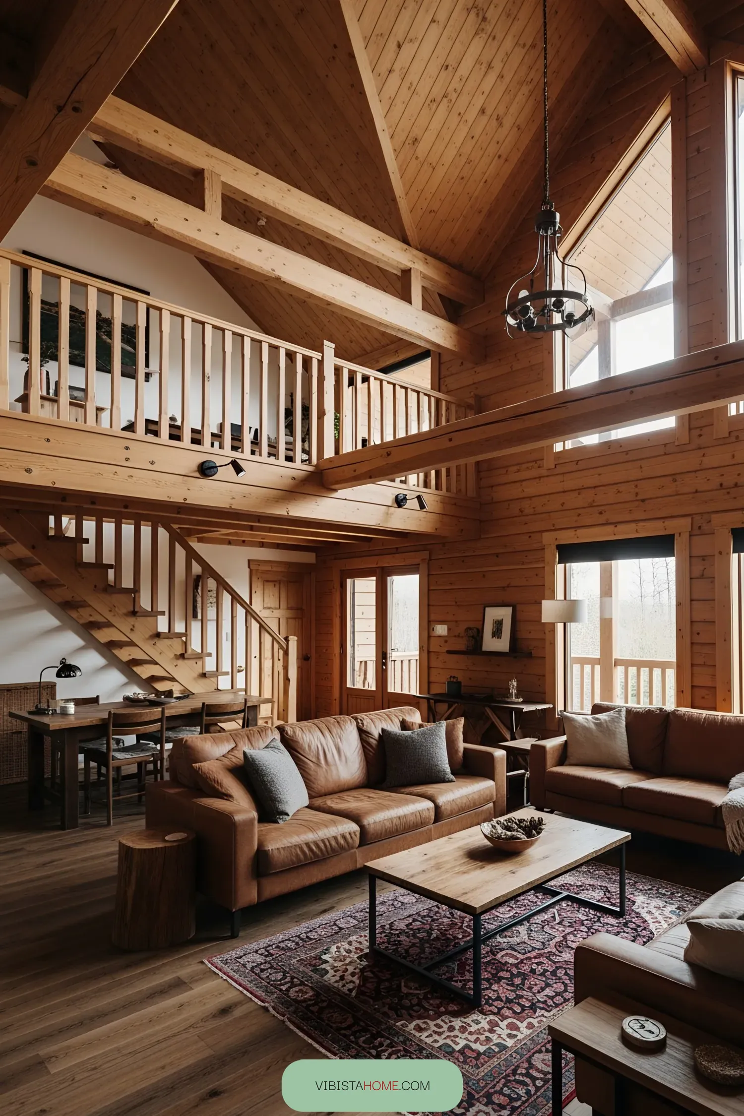 Warm log cabin interior with cozy leather sofas
