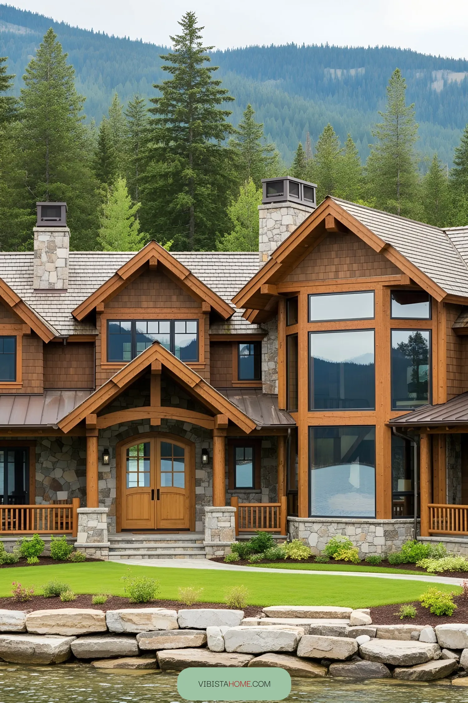Spacious wooden house by a lake with mountains in the background
