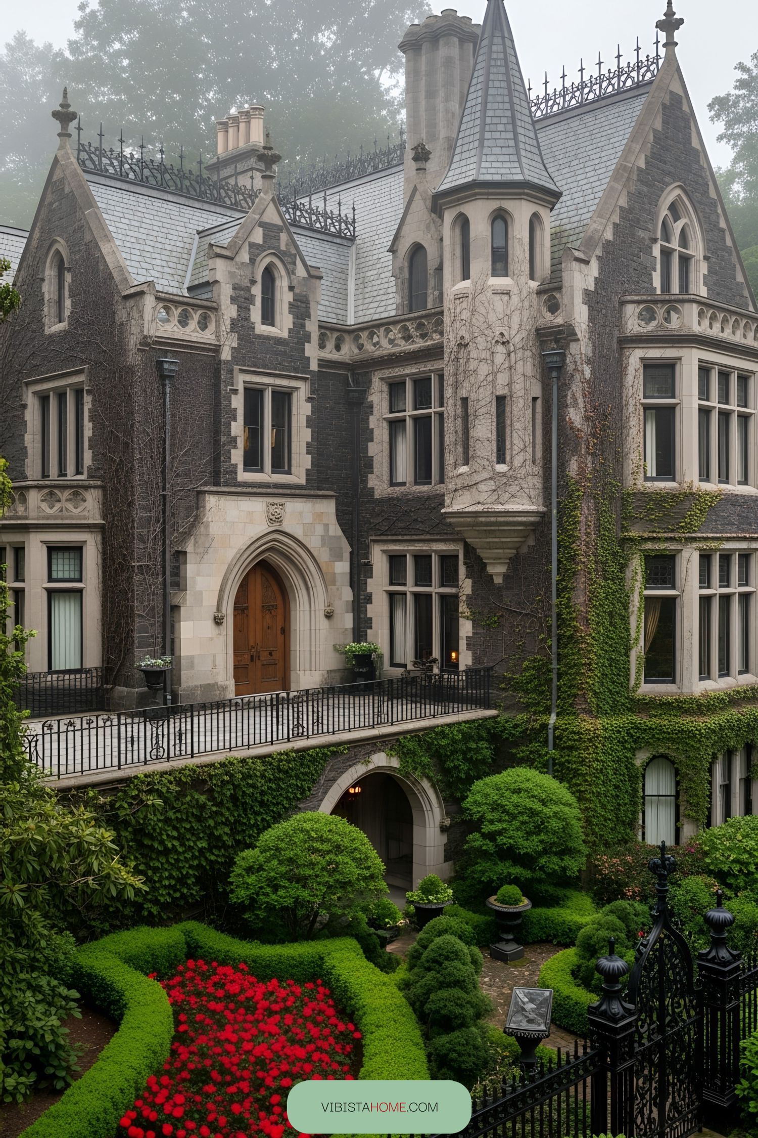 A majestic Gothic Victorian mansion with lush greenery