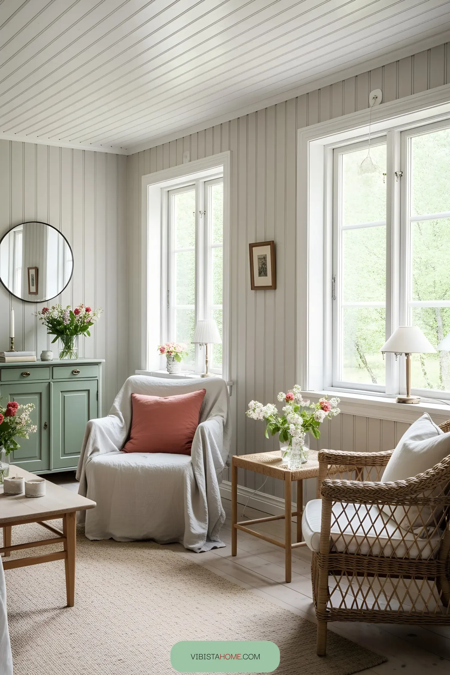 Cozy living room with wicker furniture and floral decor