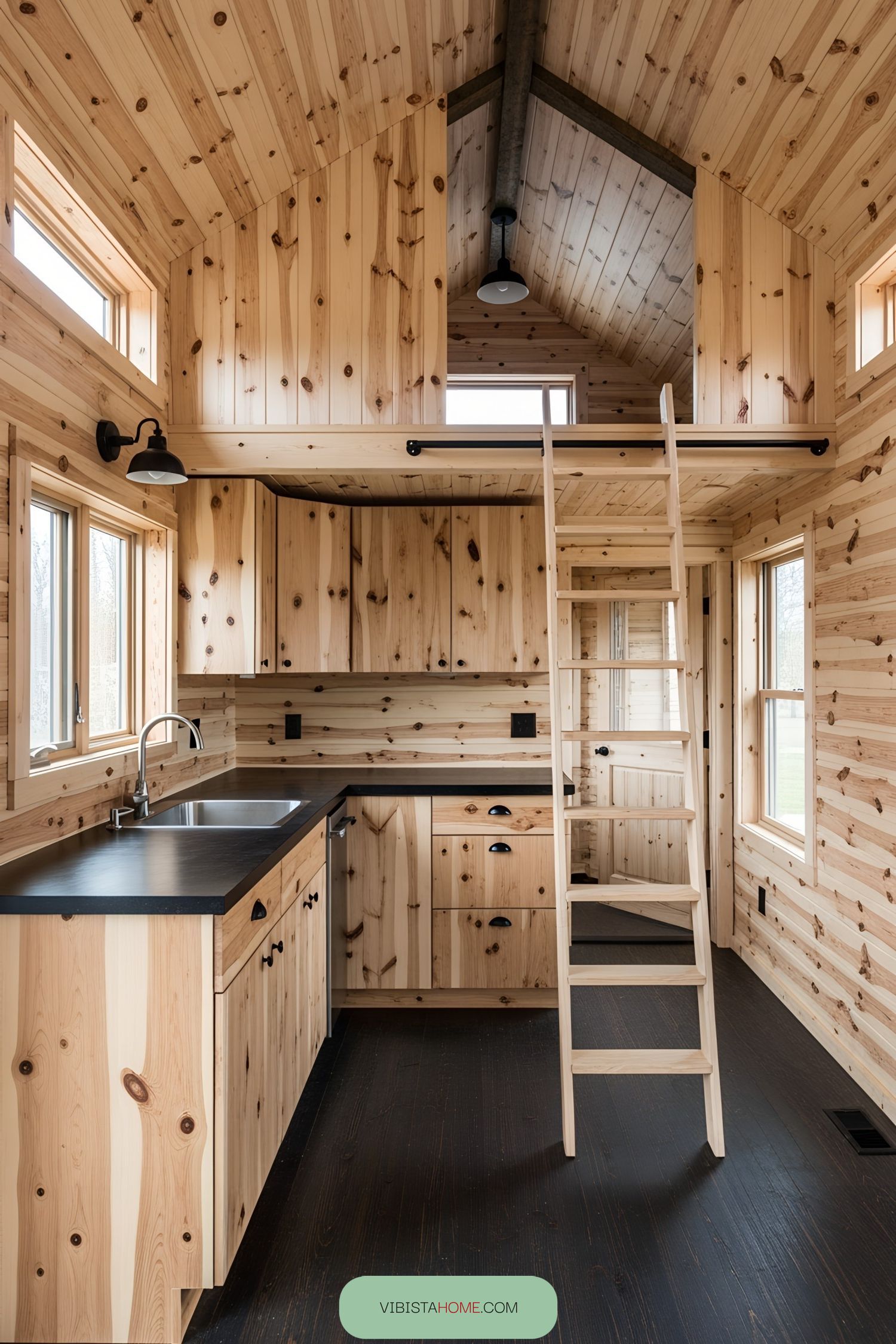Wooden lofted tiny house interior with a ladder to the upper level