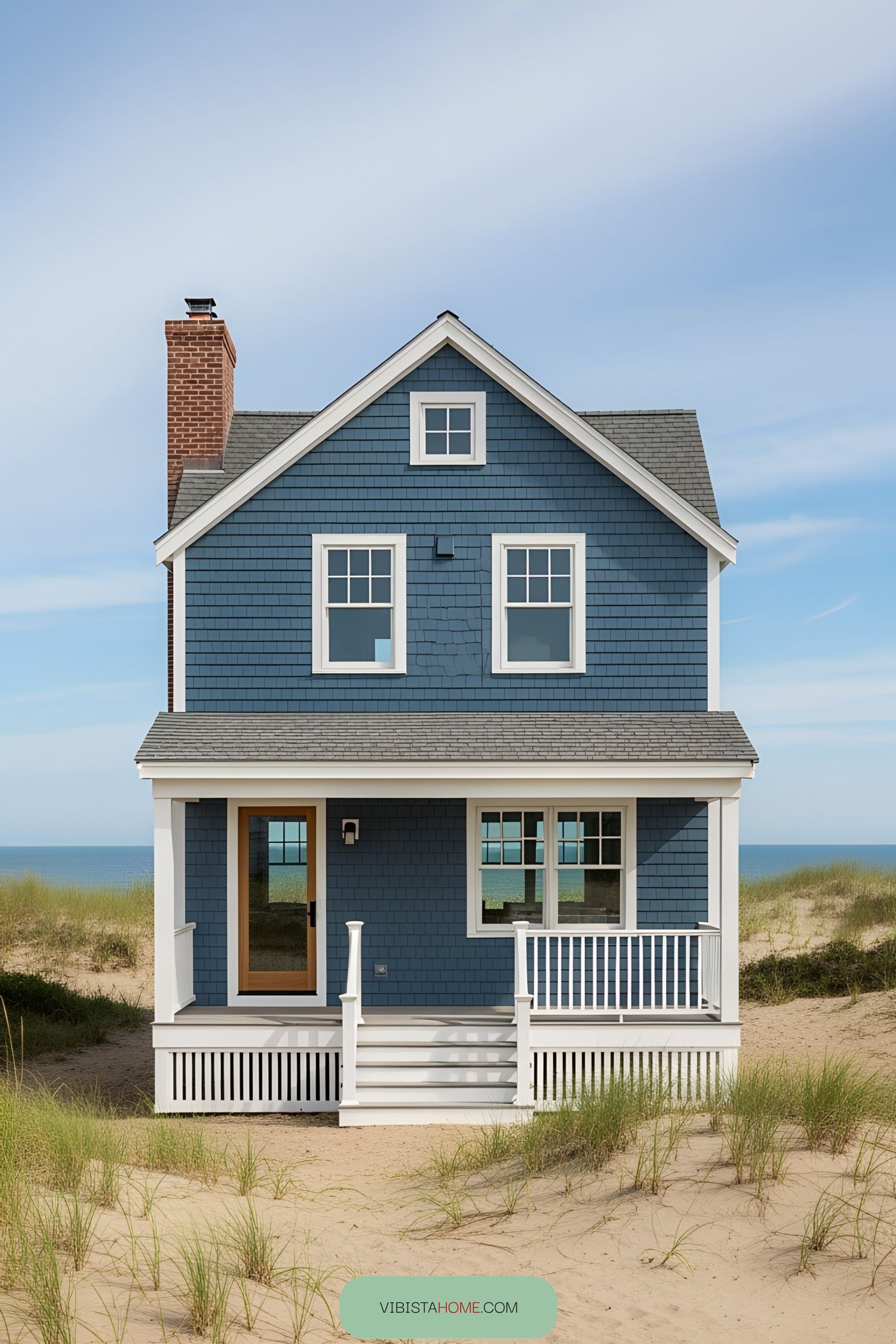 Cozy blue beach house with a chimney