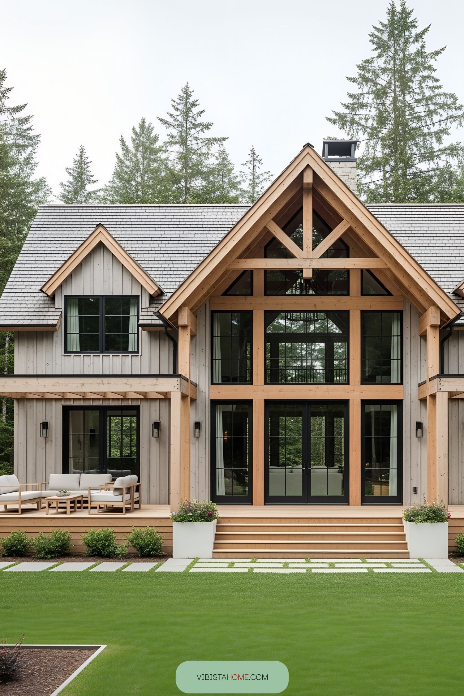 Modern rustic house with timber accents and a neat lawn