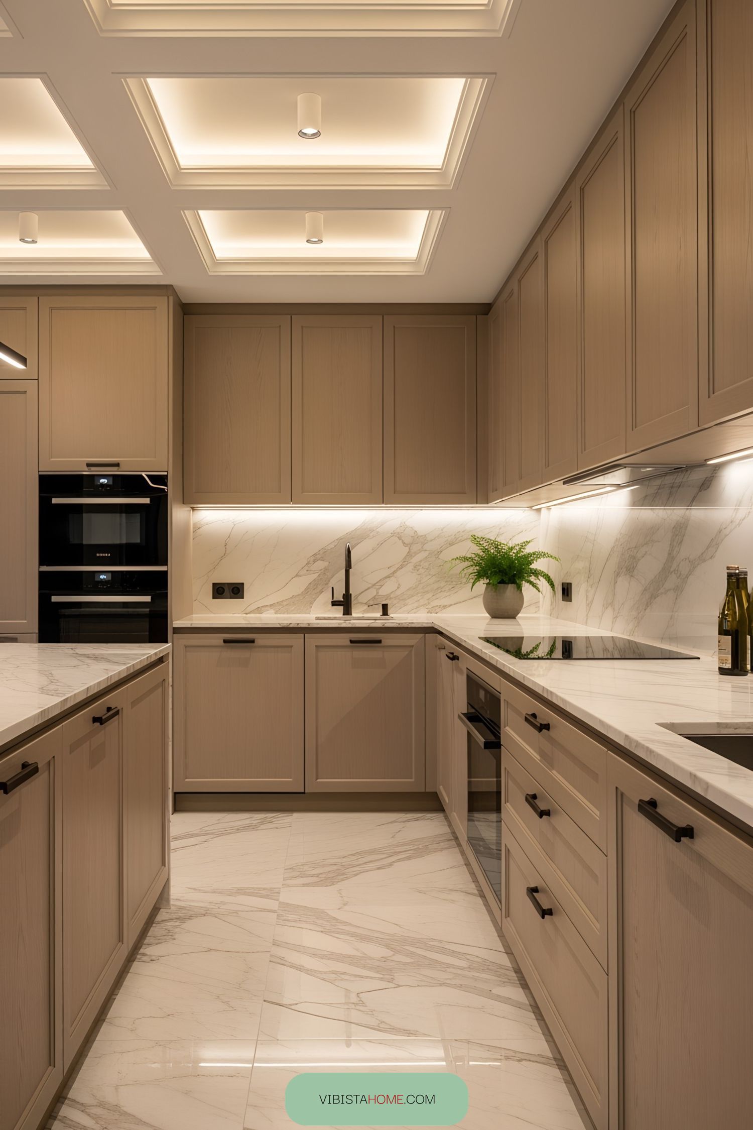 Modern kitchen with wood cabinets and marble surfaces