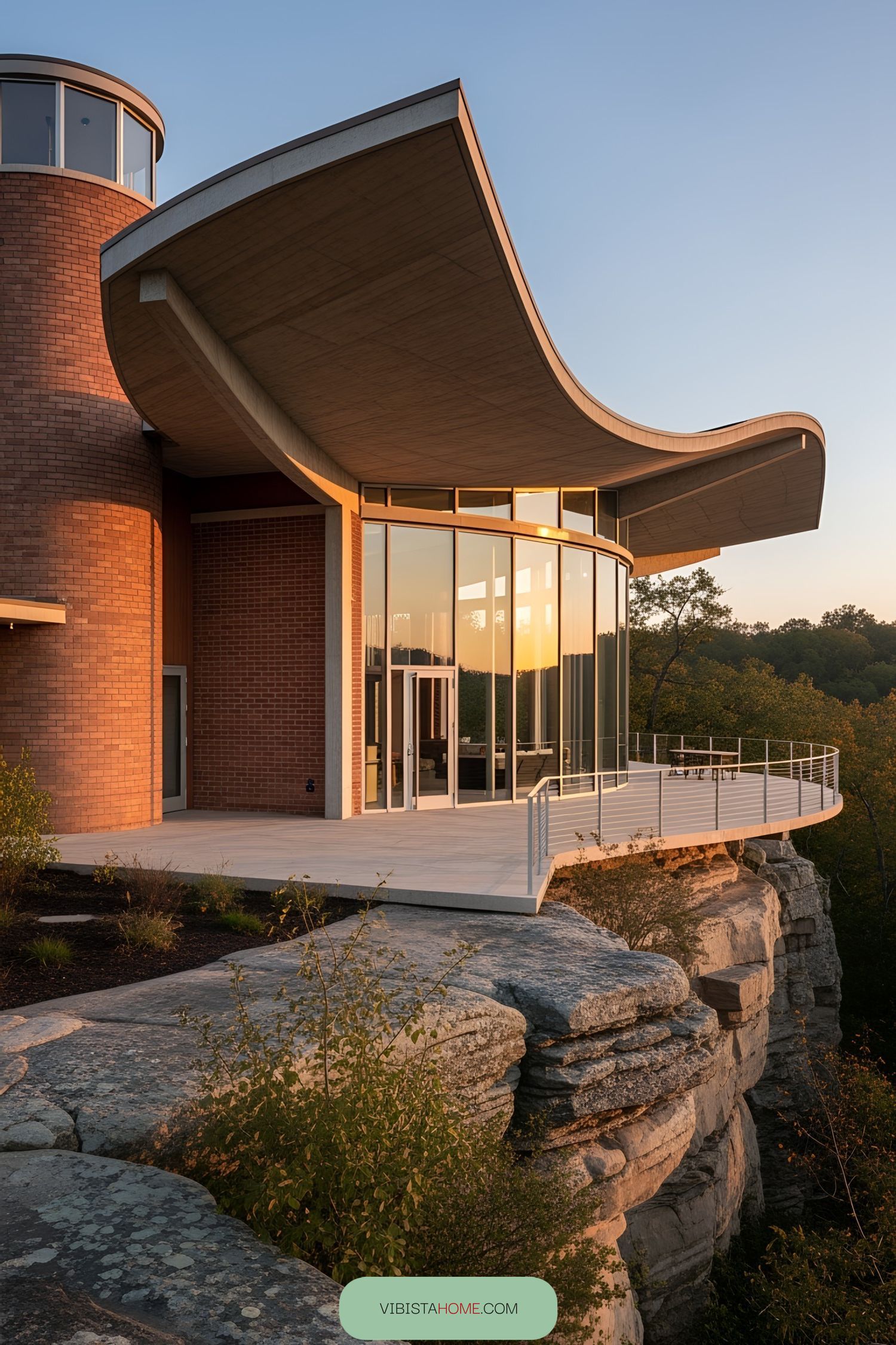 Modern house with curved roof on a rocky cliff