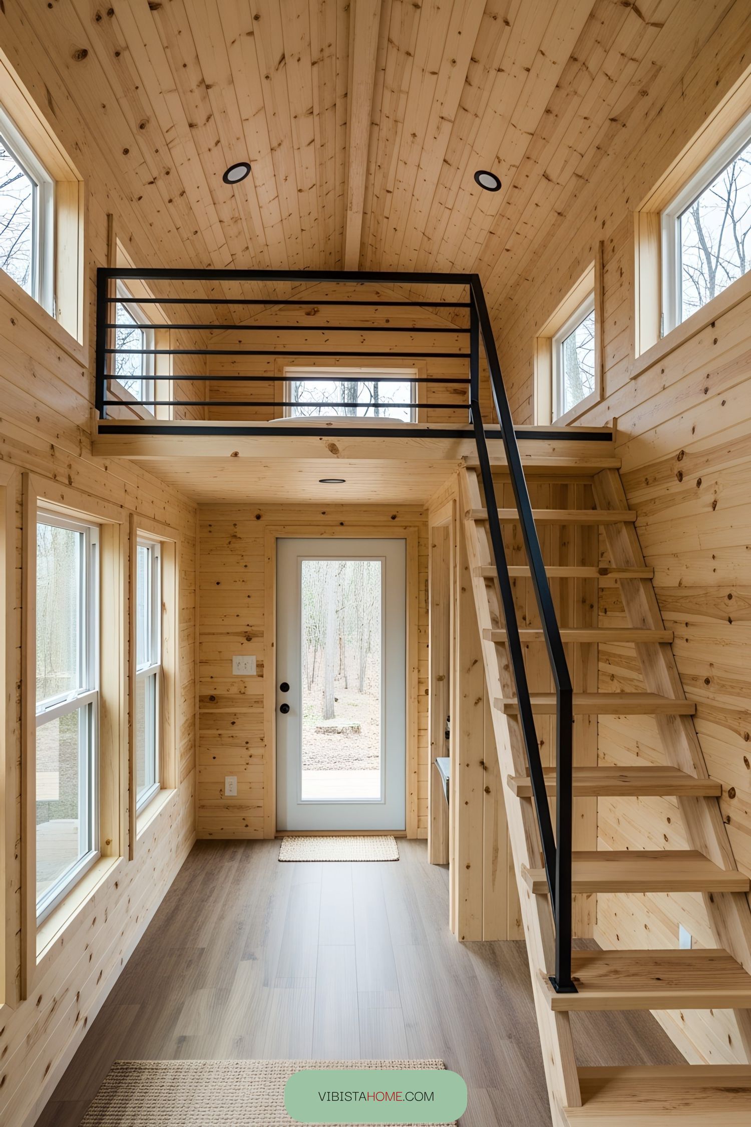 Wooden interior of a tiny house with a loft and stairs