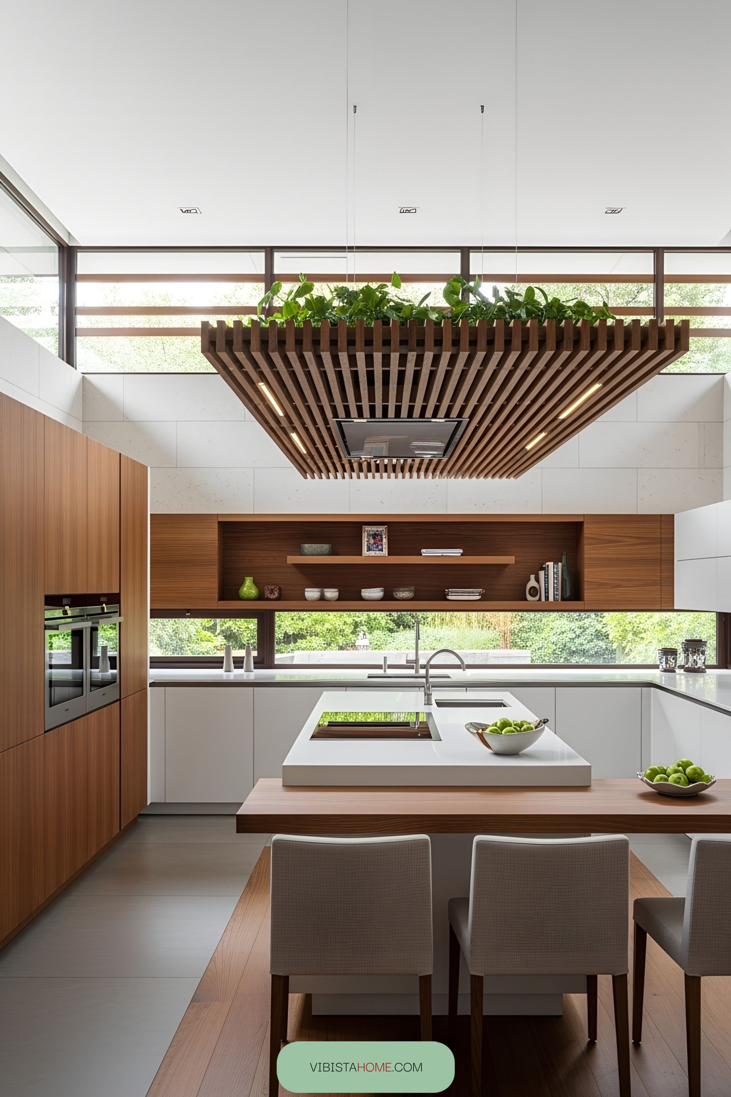 Modern kitchen with wooden accents and greenery